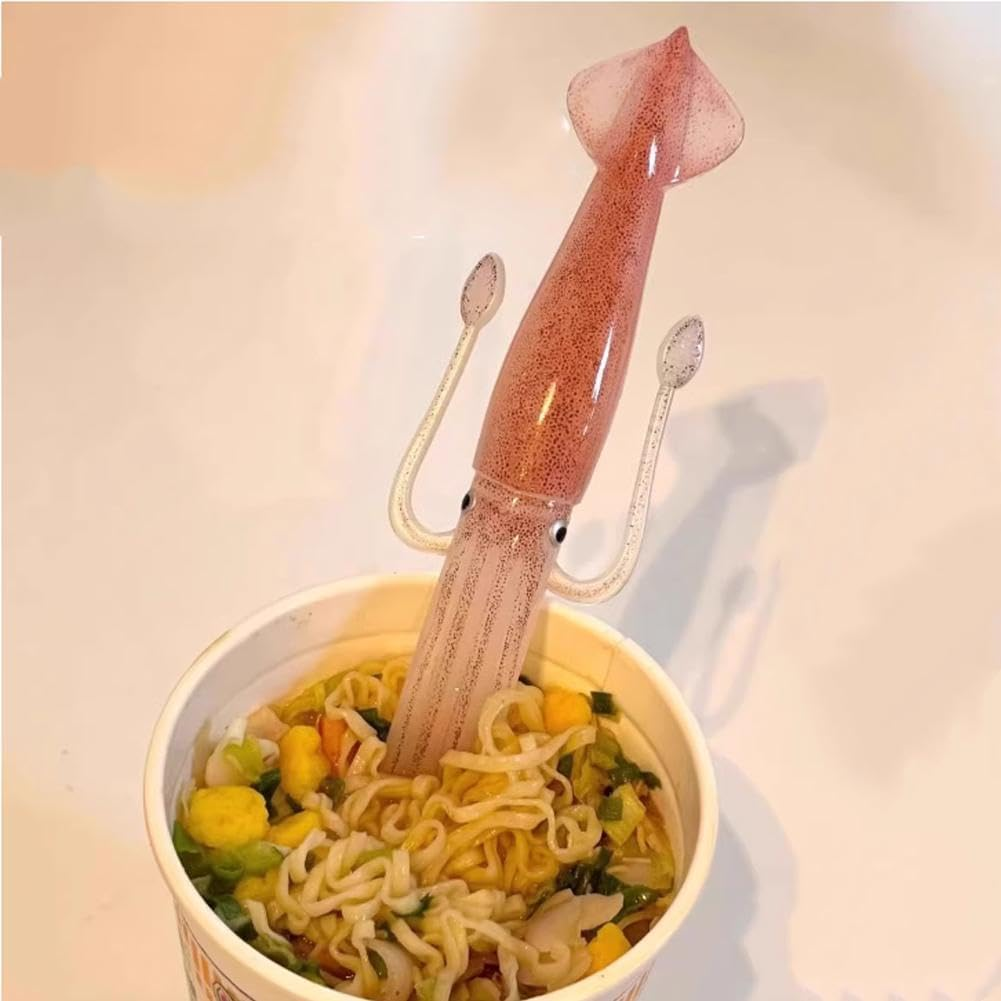 Squid Shape Noodle Fork, Cute Squid-Shaped Cooking Tools, Food Grade Plastic Portable Tableware for Picnics & Parties, Heat-Resistant Plastic Utensil for Ramen/Pasta/Salad (2 Pcs) image number 1