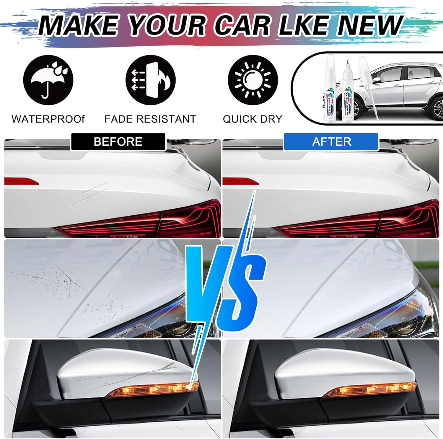 2-In-1 Touch up Paint for Cars,Car Paint Touch up Pen for Deep Scratches,Car Scratch Repair Pen Auto Scratch Remover for Quick and Easy Fix,Quick Drying-Long Lasting Adhension (White) image number 5