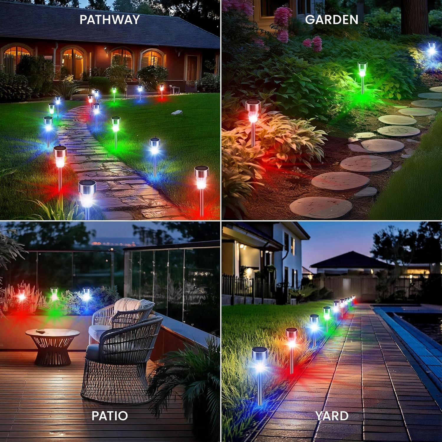 10 X CUQOO Colour Changing Solar Garden Stake Lights - Rechargeable LED Solar Powered Garden Lights - Waterproof Outdoor Lamps - Stainless Steel Outdoor Solar Lights for Garden, Pathway Lighting image number 1