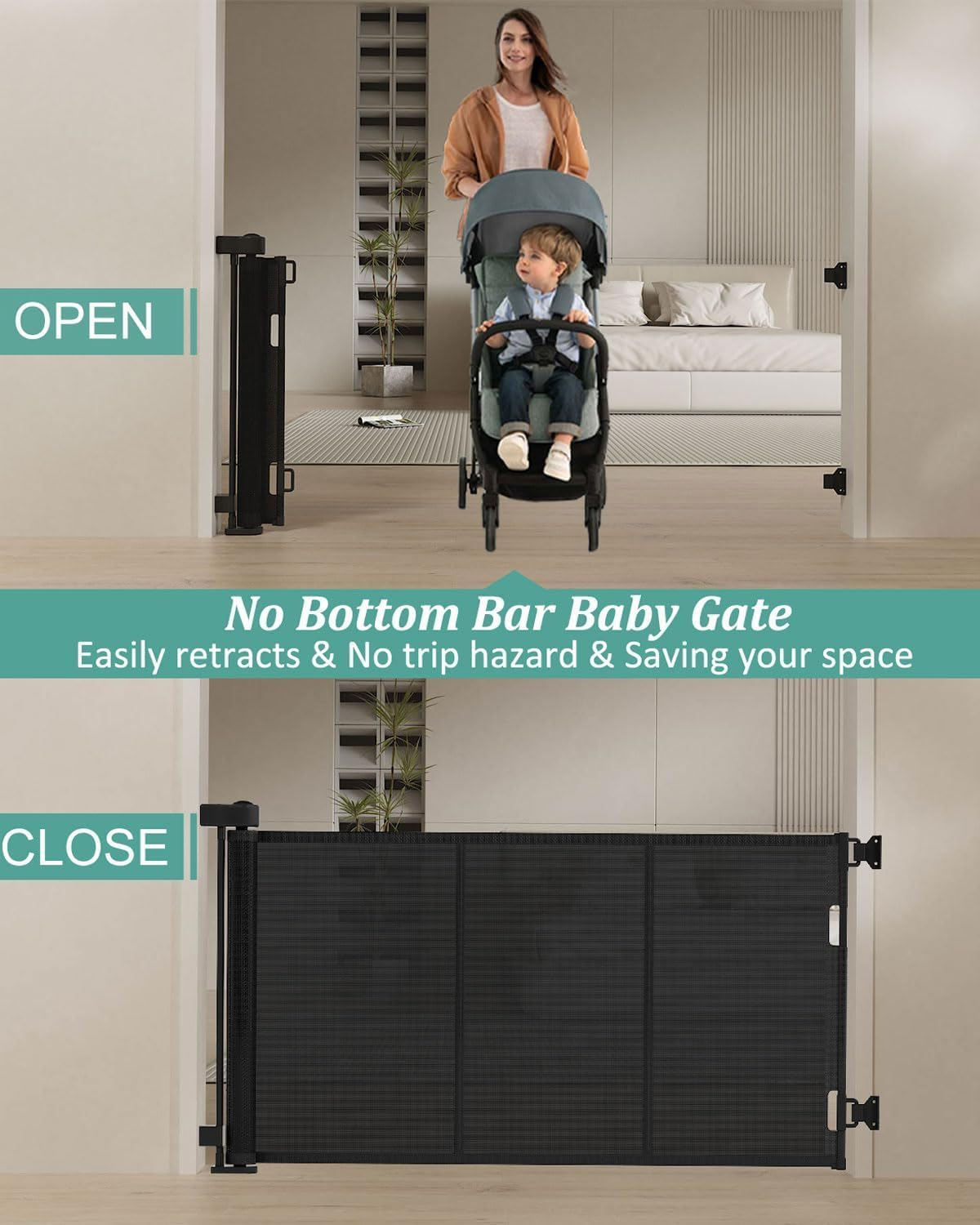 Retractable Baby Gate Retractable Driveway Gate 34" High Extends to 71" Wide Baby Gate Stairs Doorways Indoor Retractable Gate Outdoor Extra Wide for Enhanced Safety Mesh Baby Gate(86Cmx180Cm, Black) image number 3