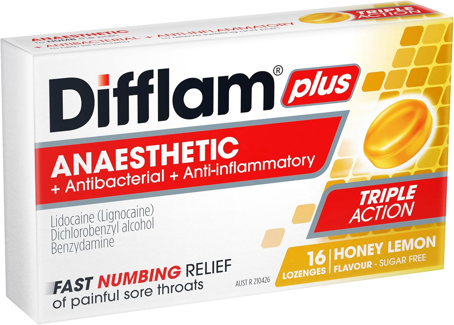 Difflam plus Anaesthetic Sore Throat Lozenges, Honey and Lemon, 16 Count image number 2