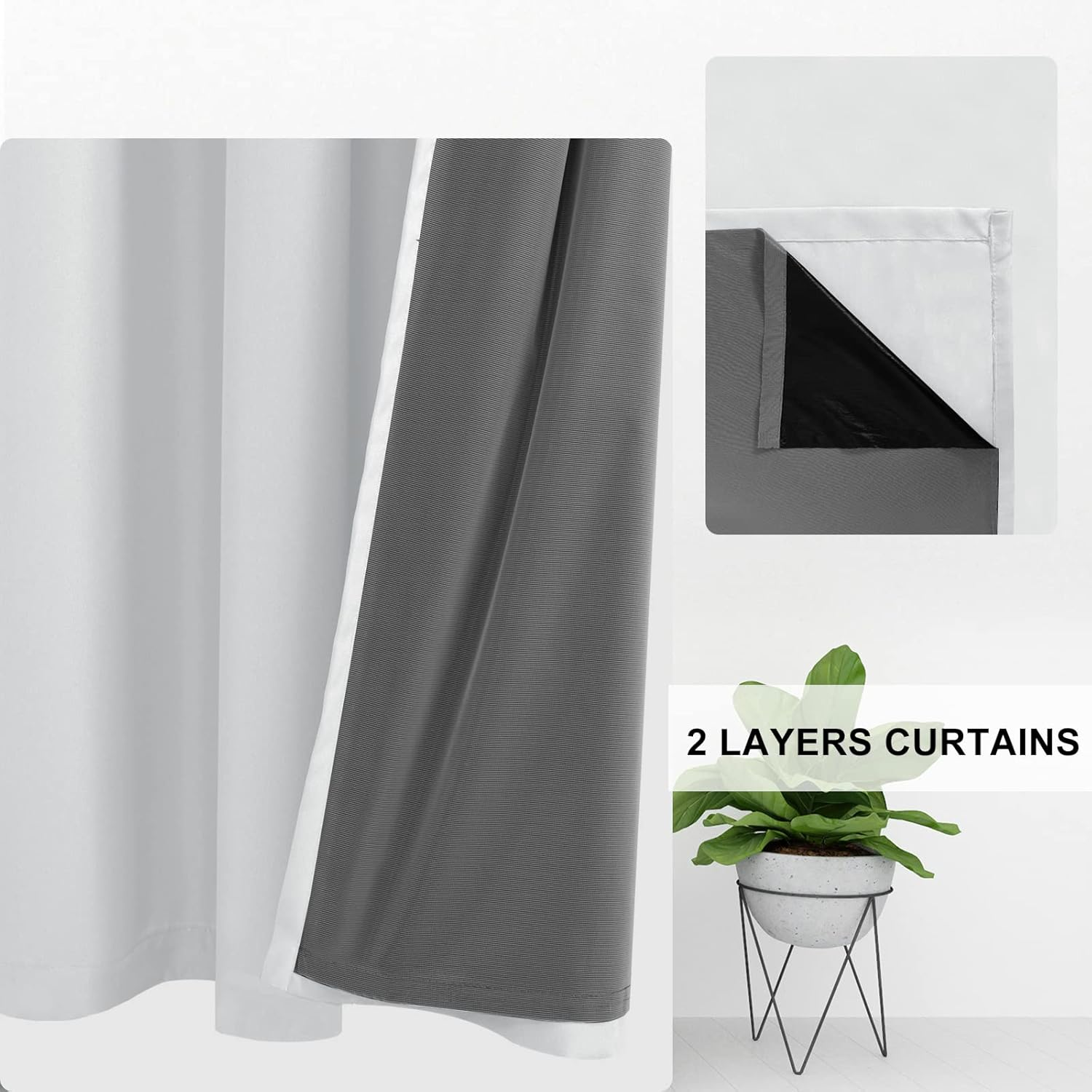 DWCN 100% Blackout Curtains for Living Room with Liner, Double Layer Thermal Insulated Full Room Darkening Noise Reducing Eyelet Curtains 2 Panels, Each W132Cm X D213Cm, Greynish White image number 6