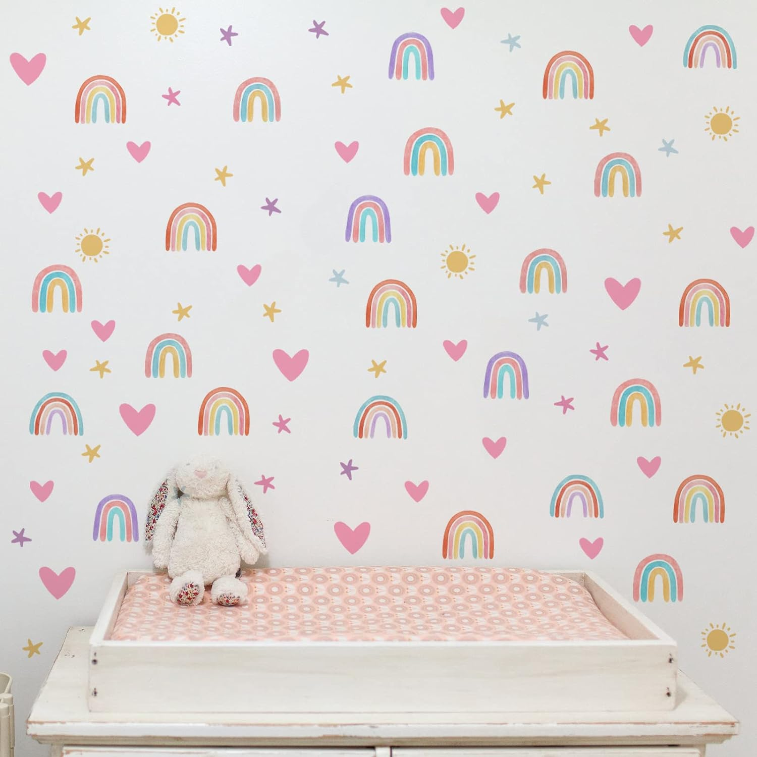 Rainbow Wall Decor Stickers Small Rainbow Wall Decal Watercolor Rainbow Heart Sun Star Wall Stickers for Girls Boys Baby Bedroom Nursery Wall Decor (Classic Color) image number 2