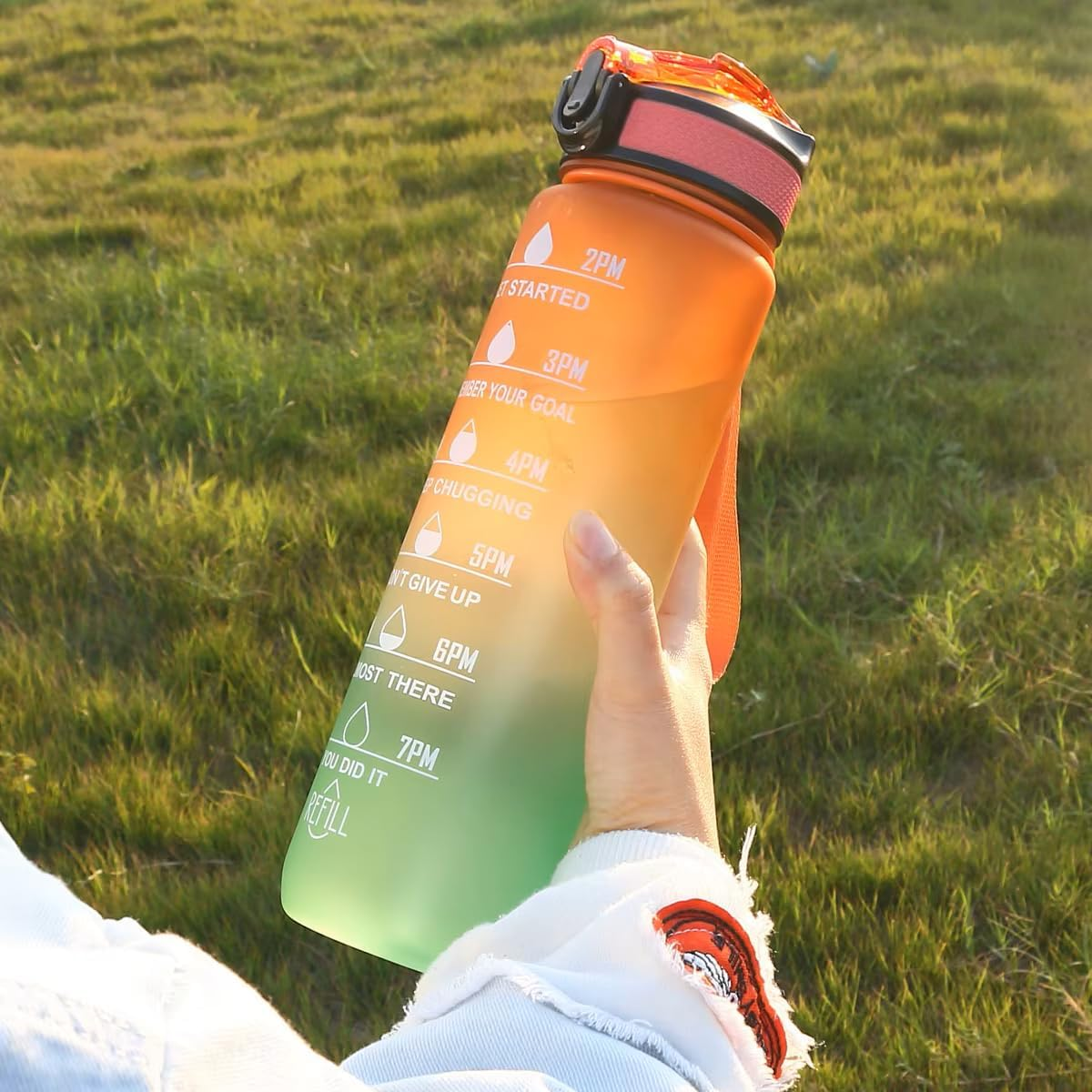 O'Mango Motivational Water Bottle, 1000Ml, Time Marker, Built-In Straw, Blue-Purple Gradient (ORANGE-GREEN) - Aqua image number 1