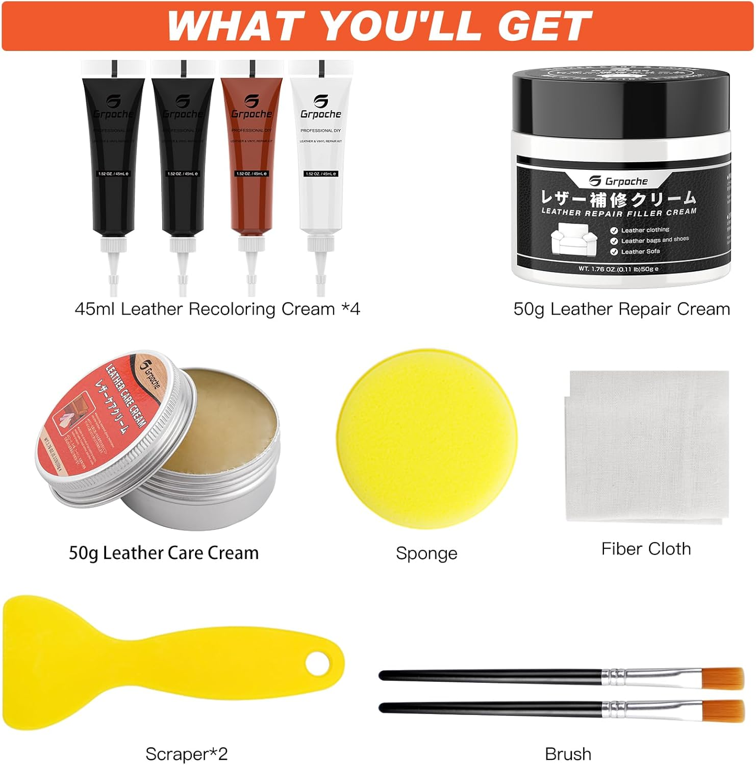 Leather Repair Kit, Leather Repair Cream and Repair Filler, Tools, Conditioner for Furniture and Car Interior, Leather Couch Scratch Repair, Leather Dye Paint for Cracked and Damaged Leather