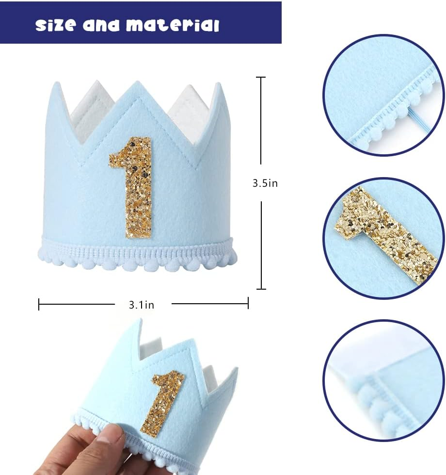 Baby Boys Birthday Crown - Birthday Blue Felt Hat,Birthday Hats for Kids, Boys 1St Birthday Crown, Small image number 2