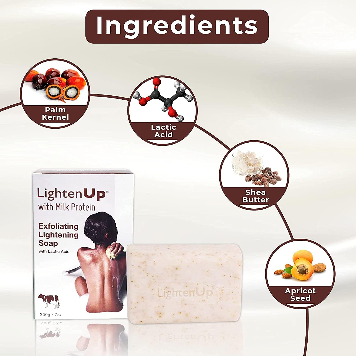Lightenup, Lactic Acid Exfoliating Soap | 7.7 Oz / 200 G | Brightening Bar, AHA Soaps, Fade Dark Spots On: Knees, Body, Armpits | with Shea Butter, Apricot, Milk Protein image number 1