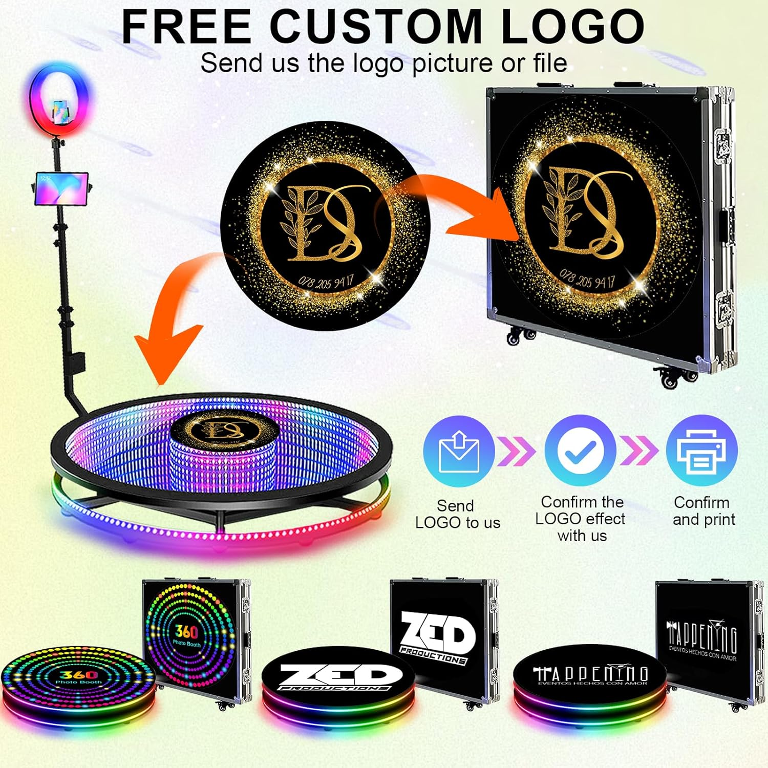 360 Photo Booth Machine for Parties, LED Tempered Glass 360 Booth for 3-4 People, Auto Spin Video Booth with Flight Case,Rgb Ring Light, Free Custom Logo, 360 Camera Booth for Events (100Cm/39.4Inch) image number 5