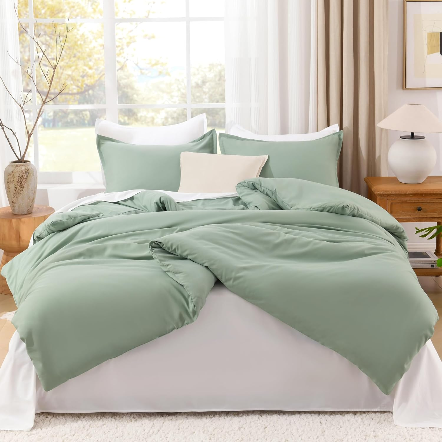 Litanika Oversized King Comforter Set 120X120, 3 Pieces Sage Green Super King Size Lightweight Solid Bedding Comforter Set, All Season Fluffy Bed Set image number 2