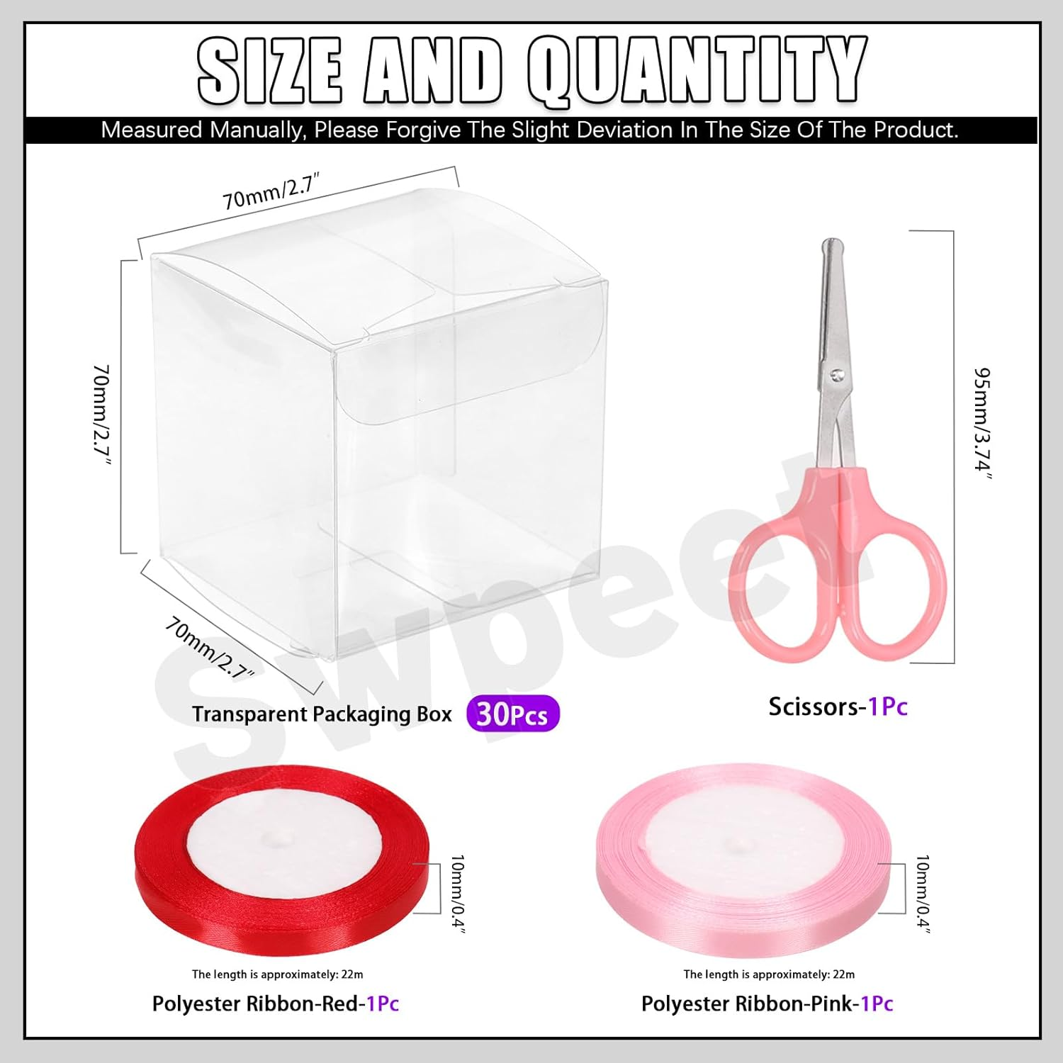 Swpeet 33Pcs 2.76" &times; 2.76" &times; 2.76" Plastic Clear Favor Boxes with Ribbons and Scissors Kit, Small Gift Boxes Transparent Cube PET Boxes Treat Boxes for Wedding Birthday Baby Shower image number 6