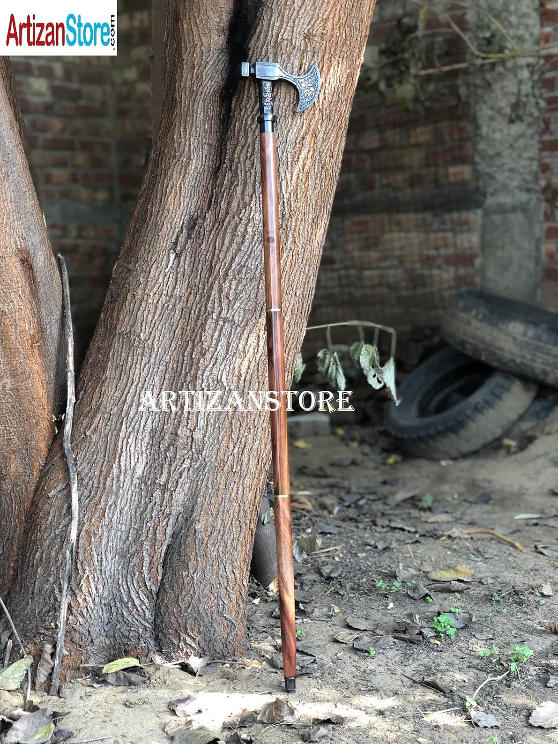 ARTIZANSTORE Antique Solid Brass Walking Stick Viking Wooden Walking Cane for Men and Women Handle Nautical Style Walking Stick Wooden Cane, Brown image number 2