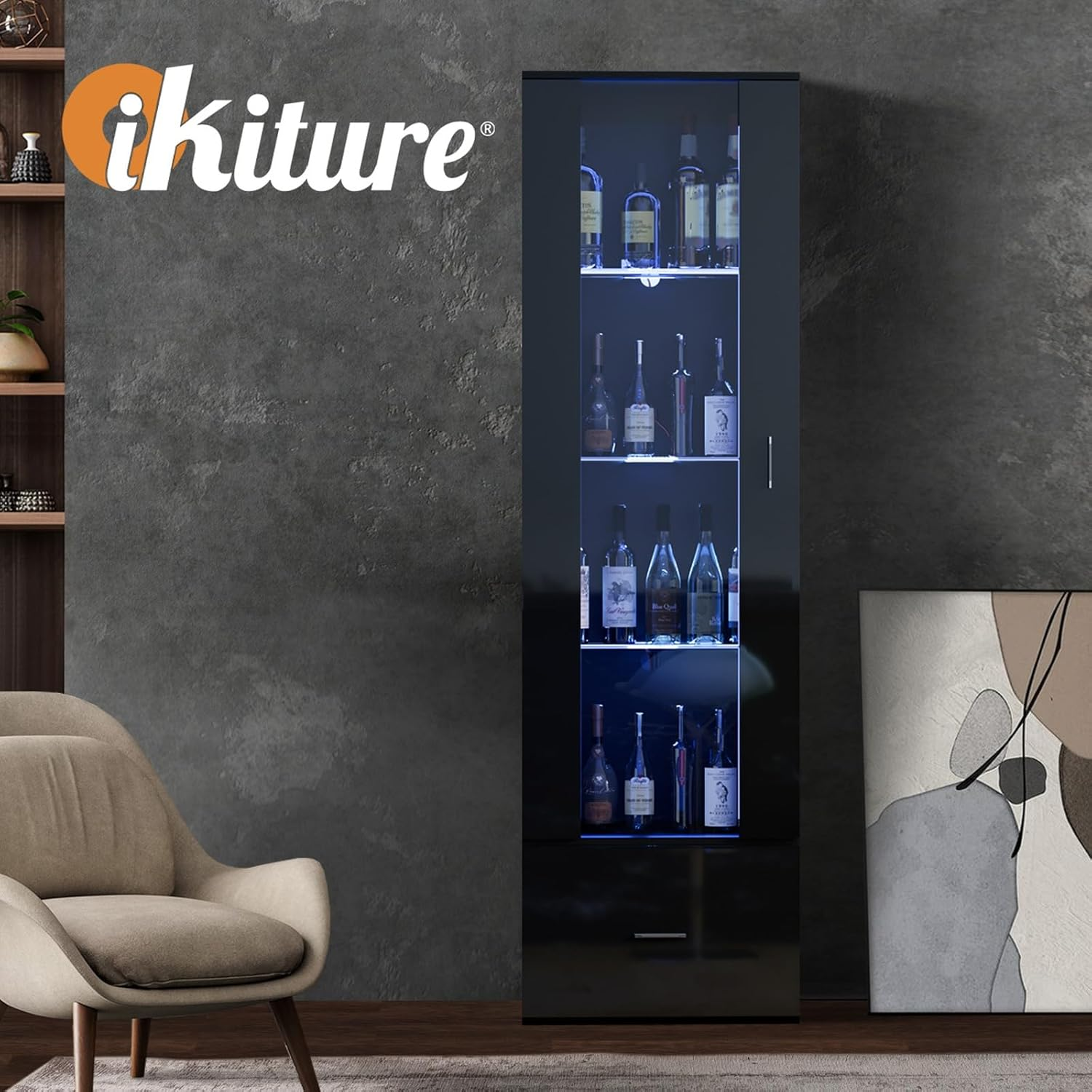 Oikiture Display Cabinet with 4 Shelves and Drawer Sideboard Buffet Storage Cabinet Wine Cabinet Black image number 3