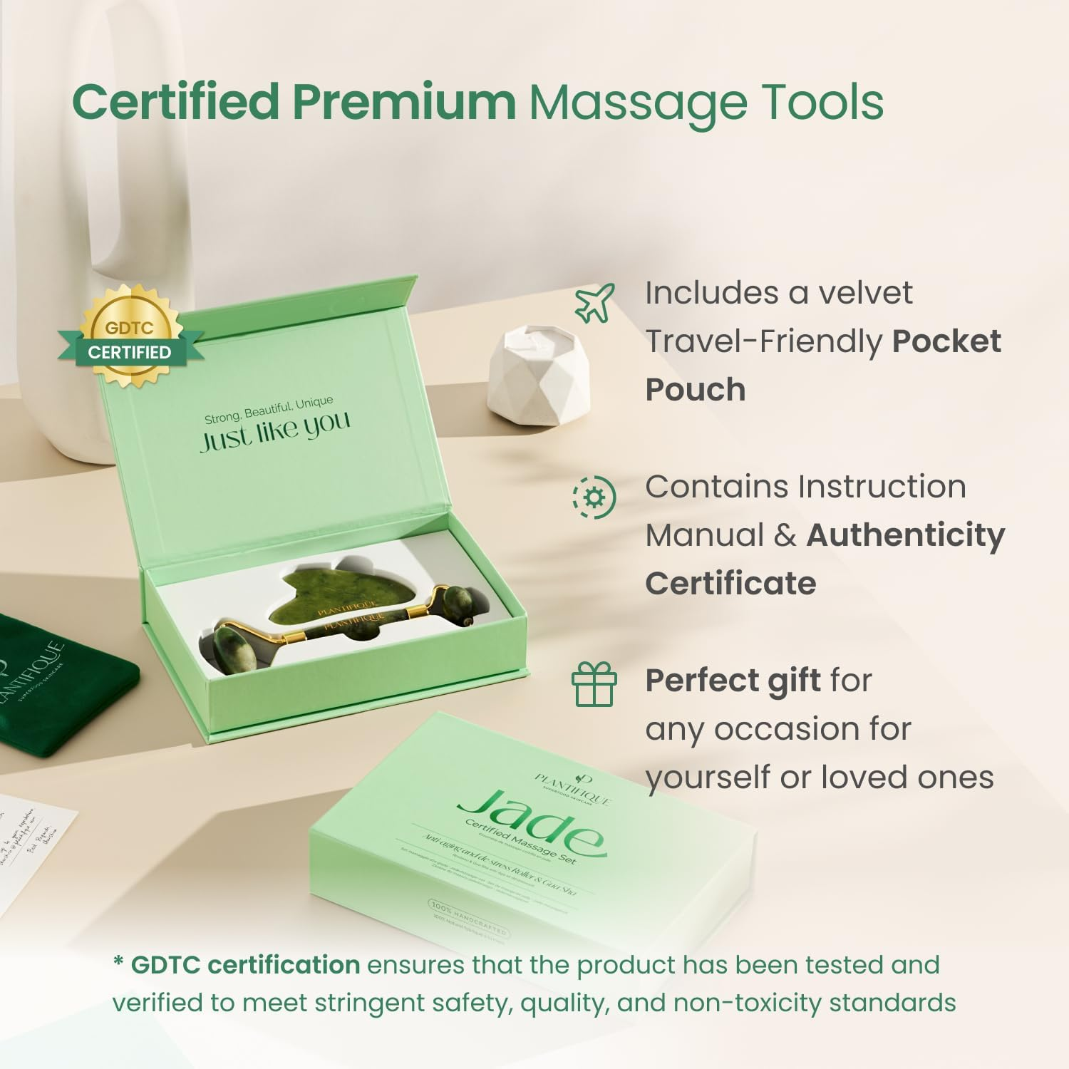 PLANTIFIQUE Jade Roller & Gua Sha Set &ndash; Real Jade Facial Tools for Skin Care Routine &ndash; Certified Face Massager for Radiant Skin image number 3