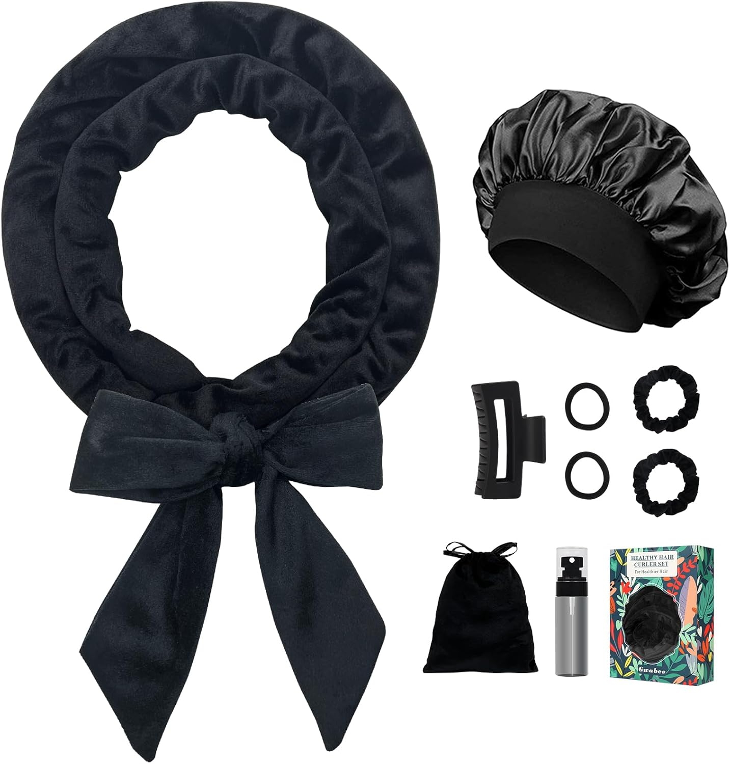 Gwabee No Heat Overnight Curl Headband, 70" Soft Ribbon Curl Wrap for Long Hair - 9 PCS Rods Set with Bonnet, Pink