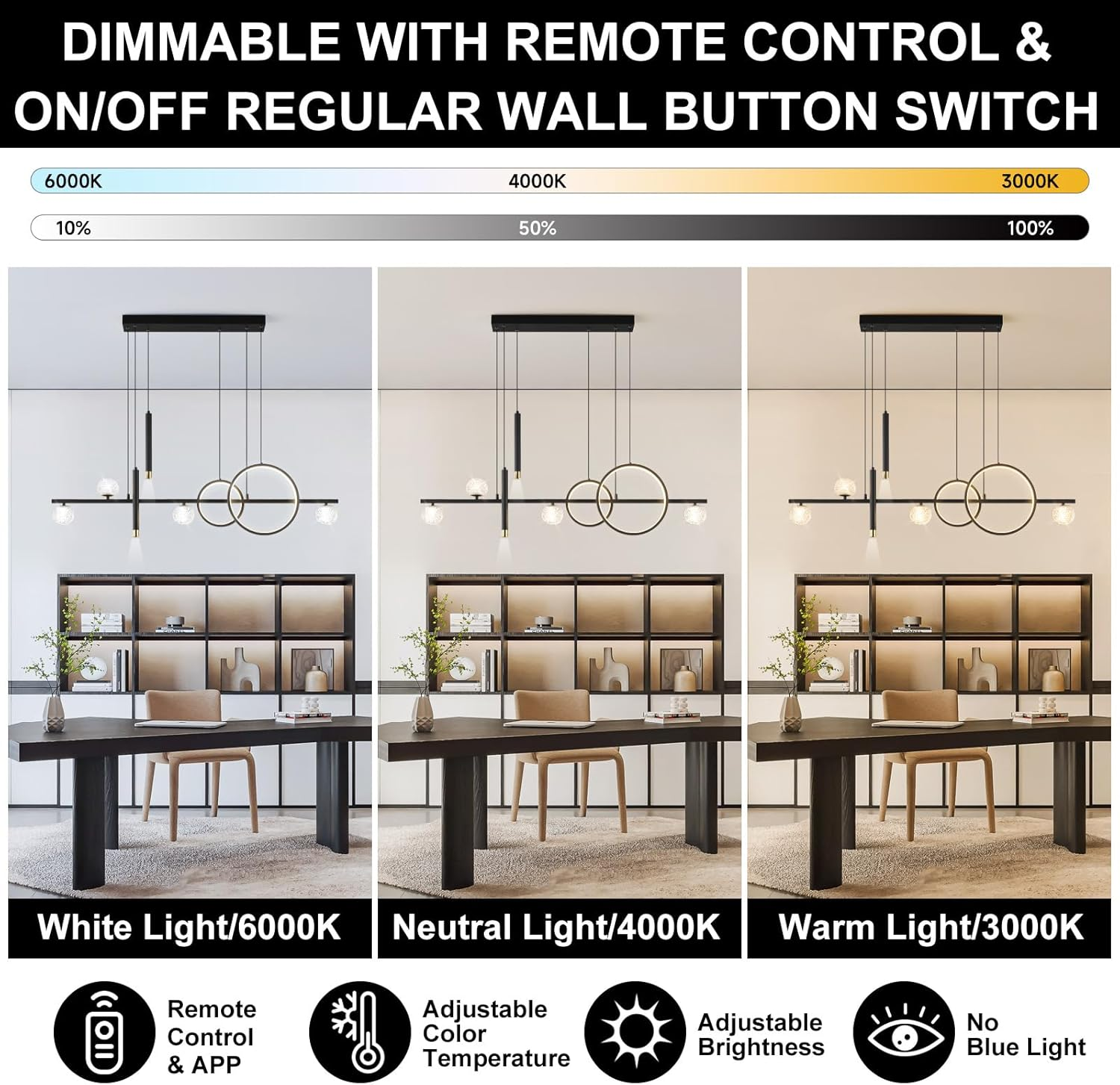 ORANOOR Modern LED Pendant Lights, Dimmable 47In Linear LED Chandelier Lighting, Upgraded Black & Gold Dining Room Hanging Light Fixtures Kitchen Island Globe Pendant Light for Dining Table (4200Lm) image number 5