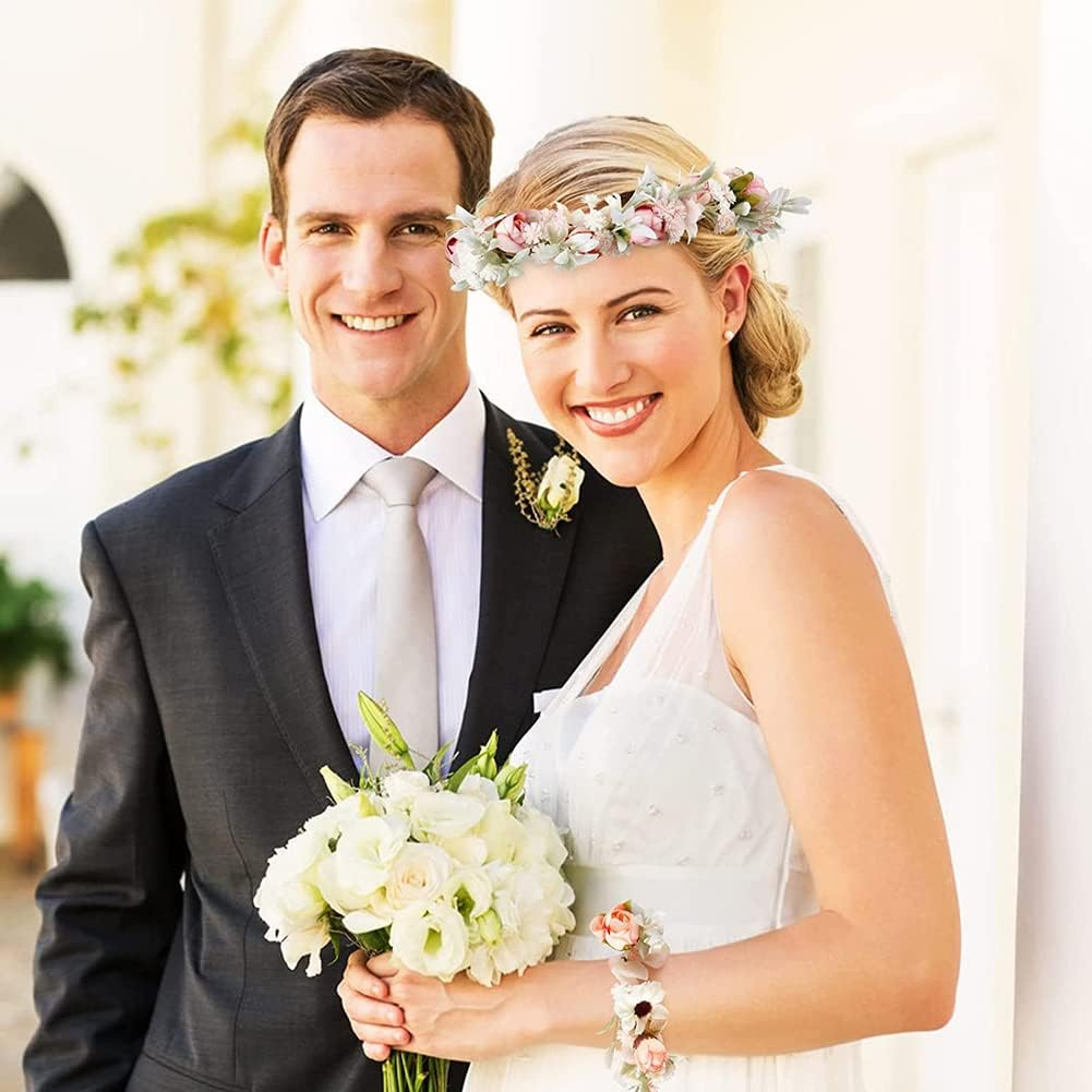 Flower Crown, Vintage Boho Artificial Flower Headband, Adjustable Flower Headpiece, Hair Wreath for Wedding, Bridal, Flower Crown, Festival Party, White image number 3