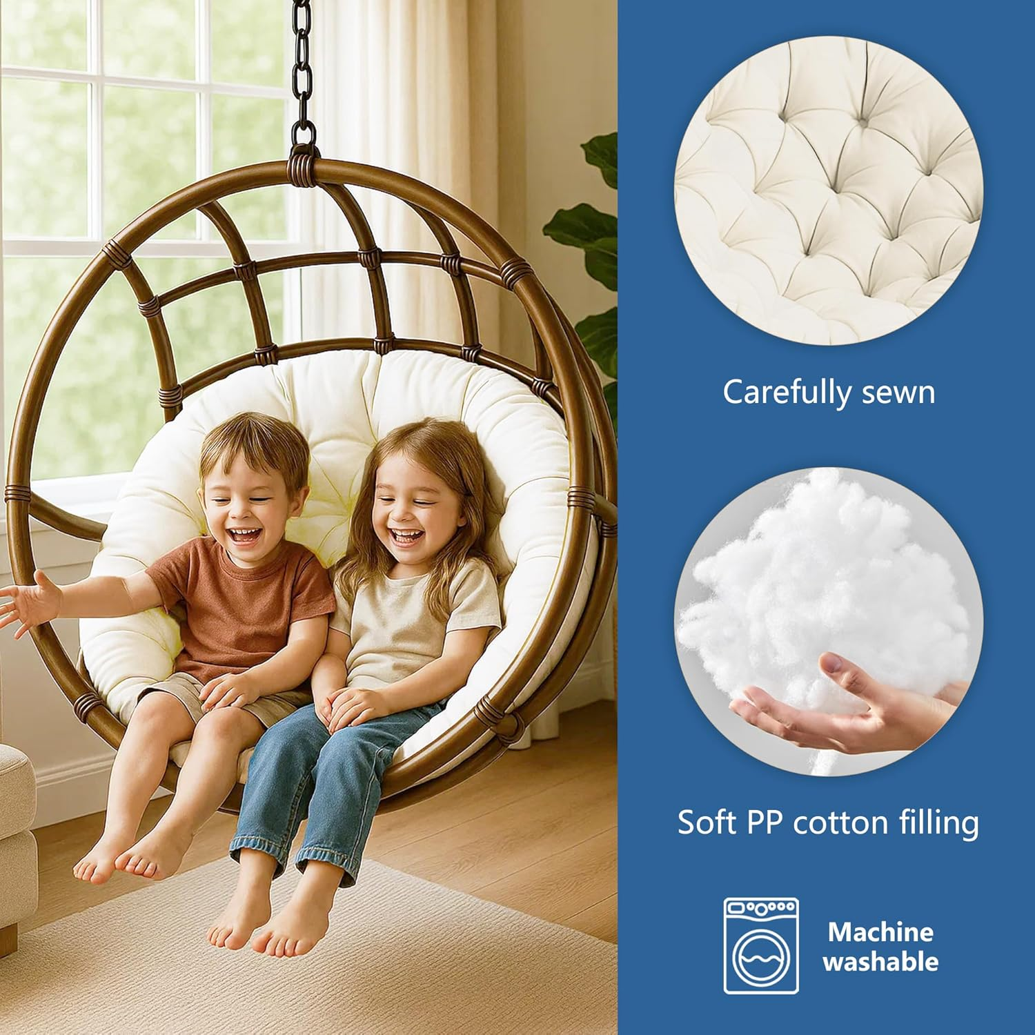 Waterproof Egg Chair Cushion, Soft and Thick Skin-Friendly PP Cotton Filled Cushion, Suitable for Hammock Indoor or Outdoor Swing Rocking Chair Seat, Outdoor Cushions (60 * 60Cm White) image number 3