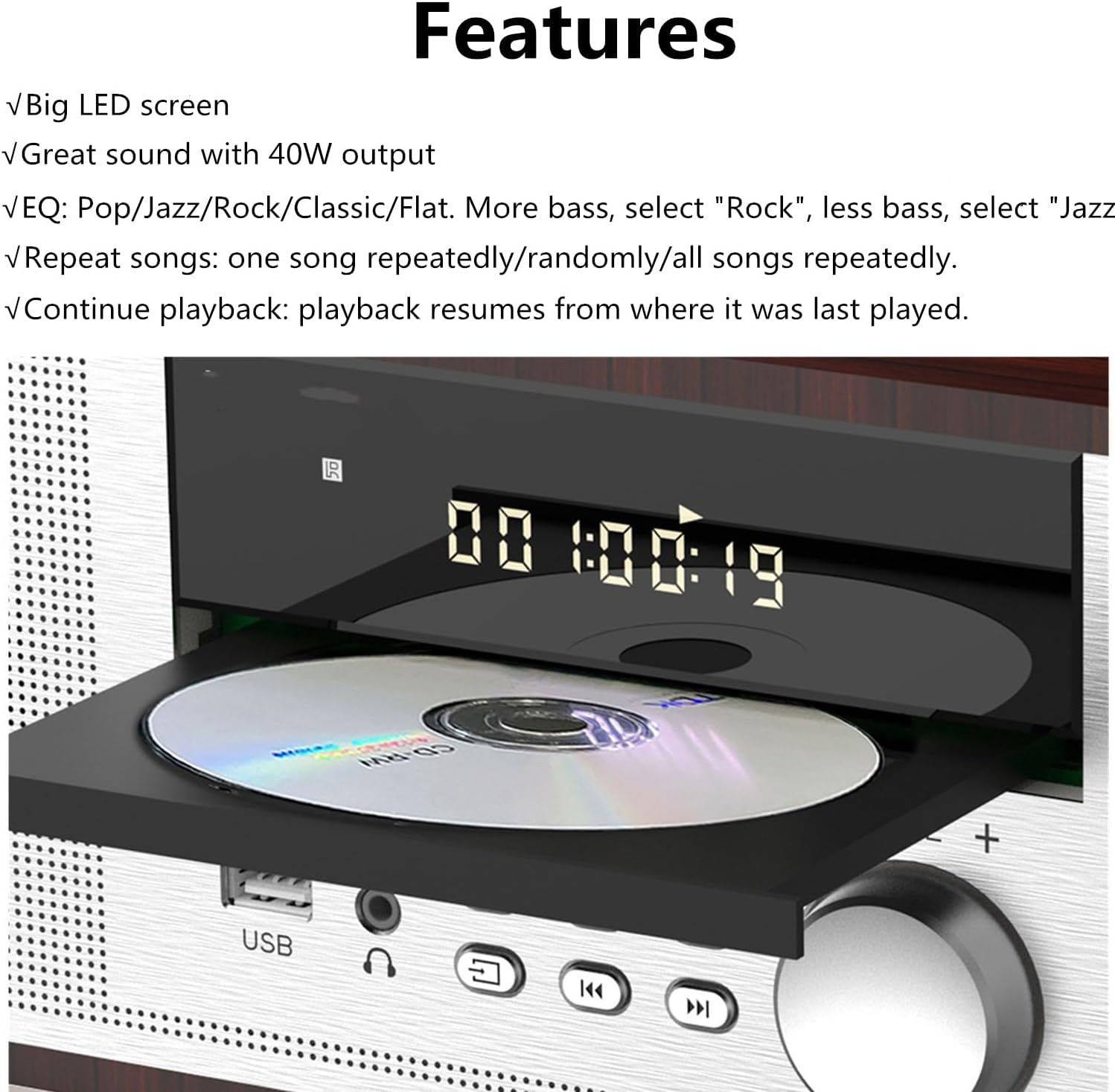 Vintage Micro Hifi System CD Player 40W CD Stereo Mini Component, Fm/Bluetooth Compatible/Usb/Aux/Remote Control/Headphone Jack, Compatible with High Resolution Sound Source,Silver,Wooden image number 2