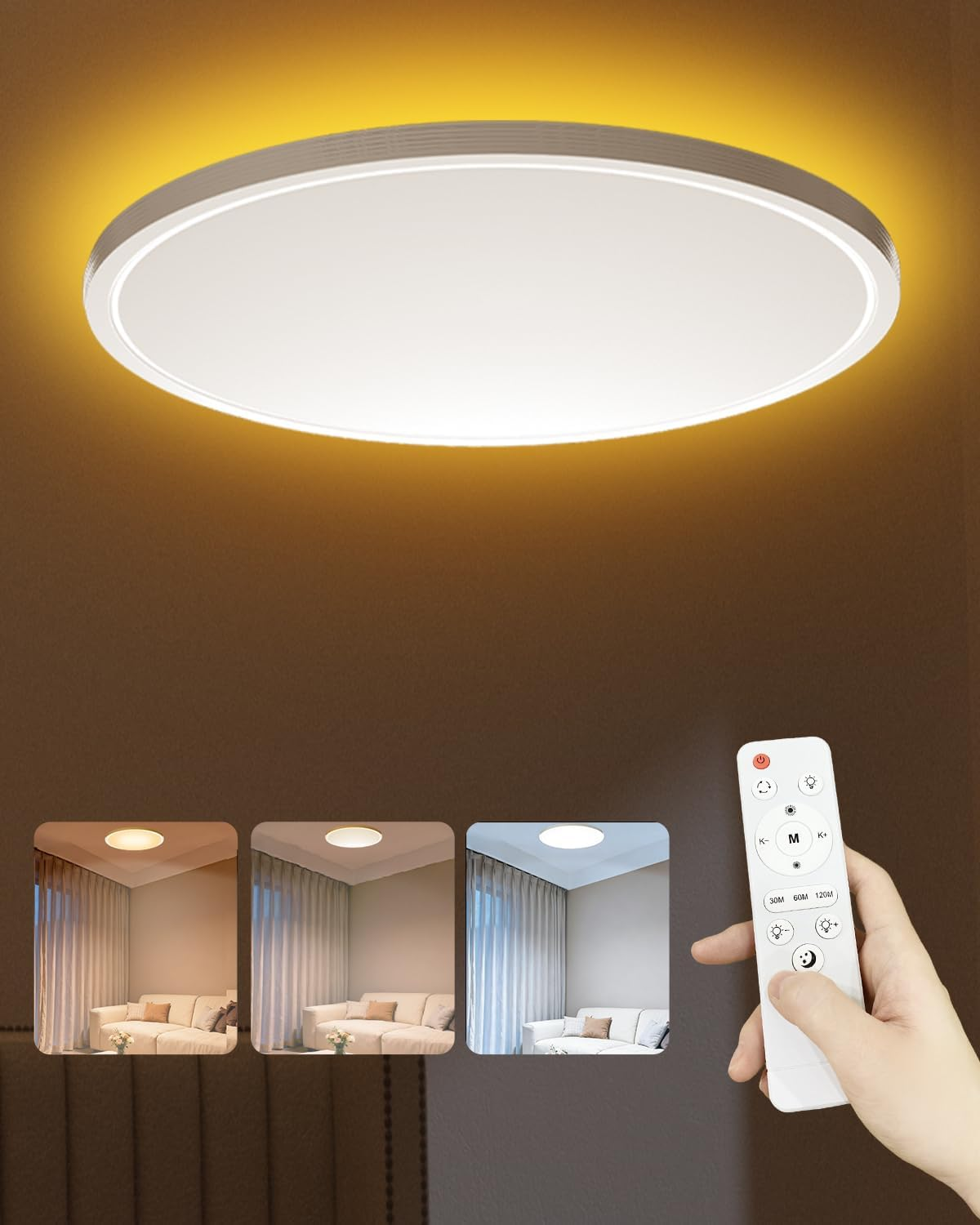 Doright 24W LED Flush Mount Ceiling Light, 12 Inch round LED Ceiling Light Flat with Remote Control, 2400LM, 3000K/4000K/6500K, Dimmable, Timer Function, Night Light Mode - Black