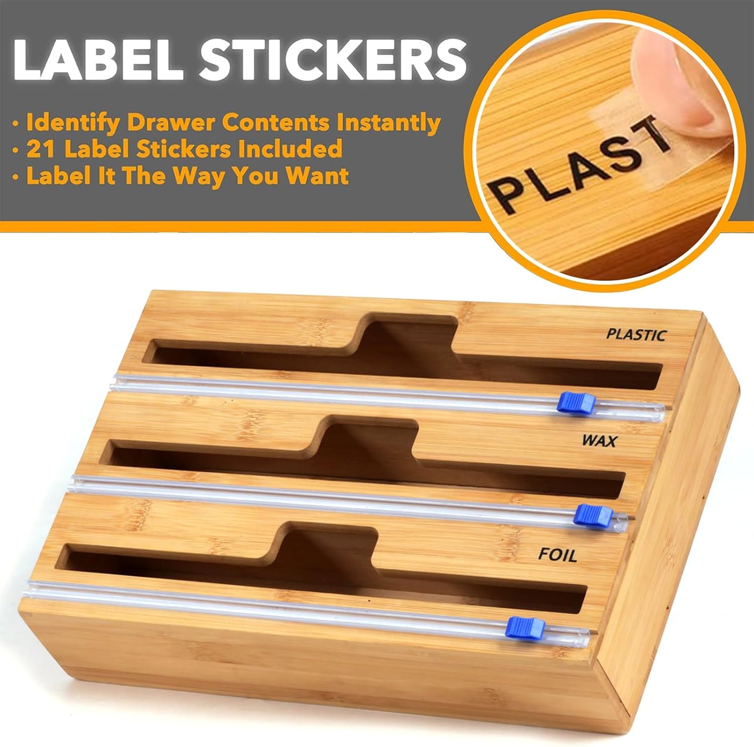 3 in 1 Wrap Dispenser with Cutter, Plastic Wrap, Aluminum Foil and Wax Paper Dispenser for Kitchen Drawer, Bamboo Roll Organizer Holder, Compatible with 12" Roll 2.2" Tall image number 3