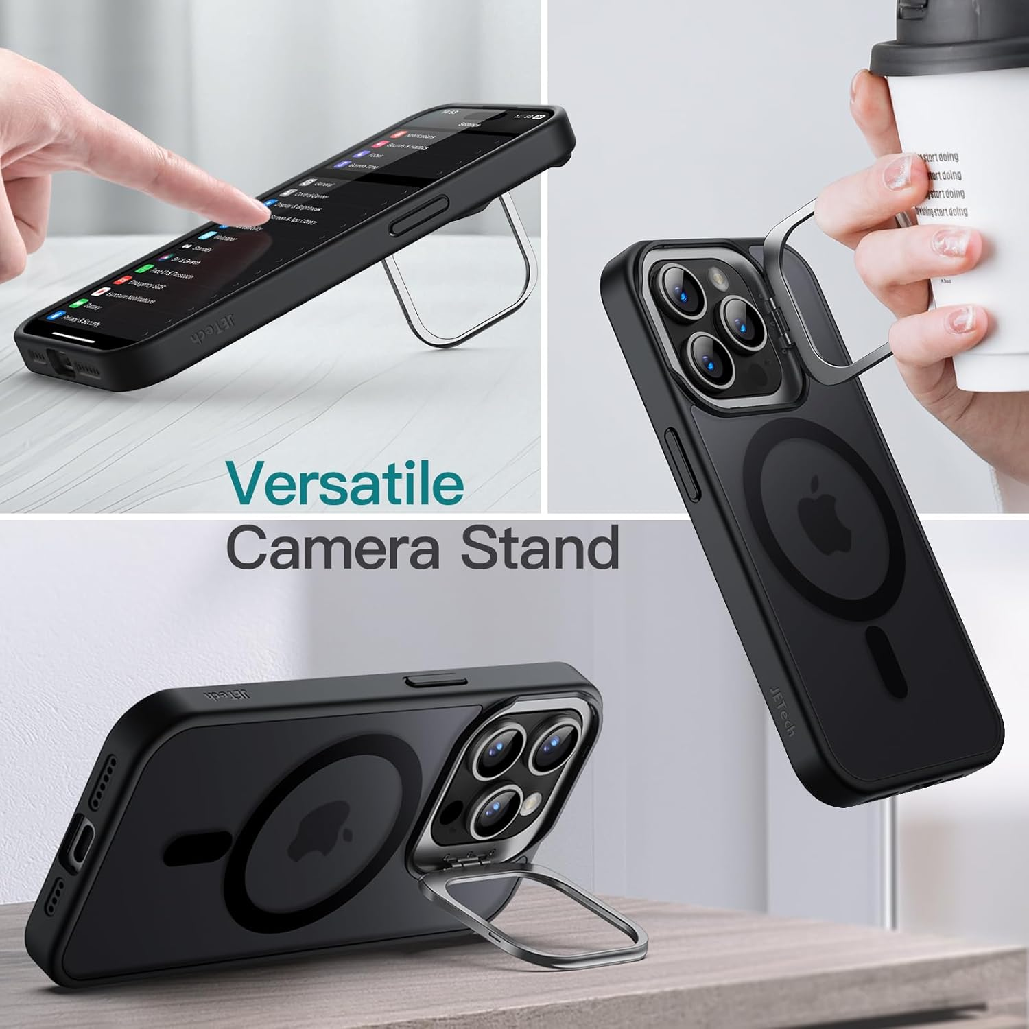 Jetech Kickstand Case for Iphone 15 Pro Max 6.7-Inch Compatible with Magsafe, Built-In Adjustable Camera Stand, Translucent Matte Magnetic Back Slim Shockproof Phone Cover (Black Titanium) - Natural Titanium image number 6