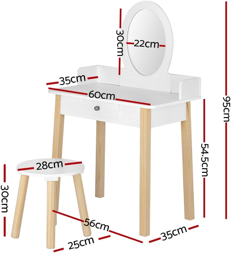 Keezi Kids Vanity Dressing Table Stool Set with Mirror Drawer, 2 in 1 Children Dresser Makeup Desk Chair for Girls Bedroom Furniture, MDF Board Smooth Surface with 4 Wooden Legs White image number 3