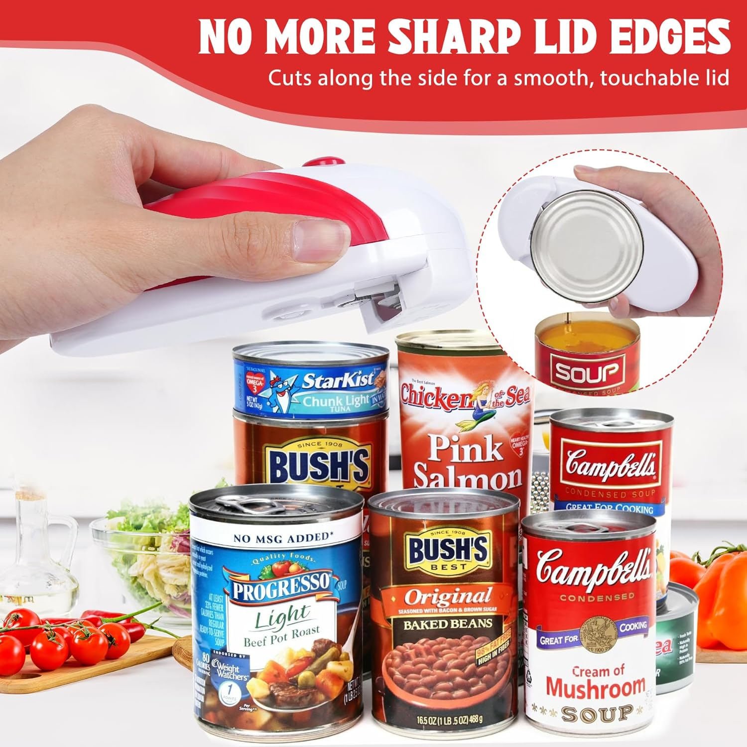 Electric Can Opener Kitchen Gadgets: One-Touch Automatic Can Opener Smooth Edge for Seniors - Safe Magnetic Catches Cover Hands Free Kitchen Appliances Opens Almost Any Can Red