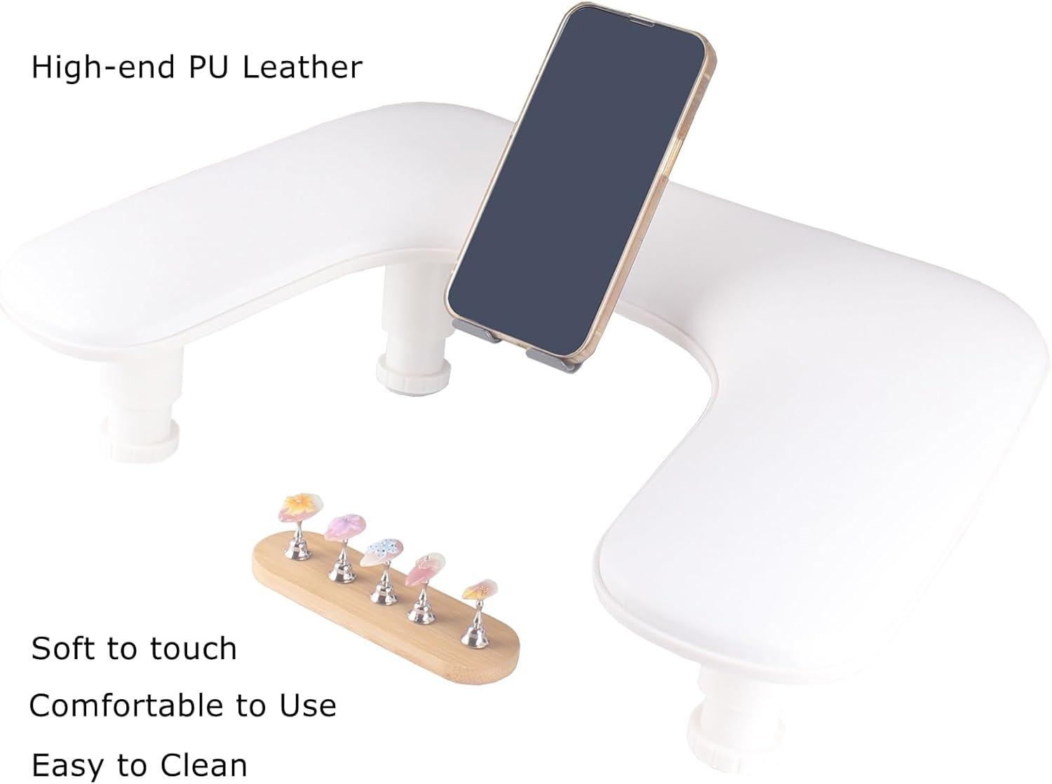 Manicure Arm Rest with Rotating Phone Holder for Nails Tech, U - Shaped Adjustable Nail Hand Rest Stand PU Leather (White) - White image number 5
