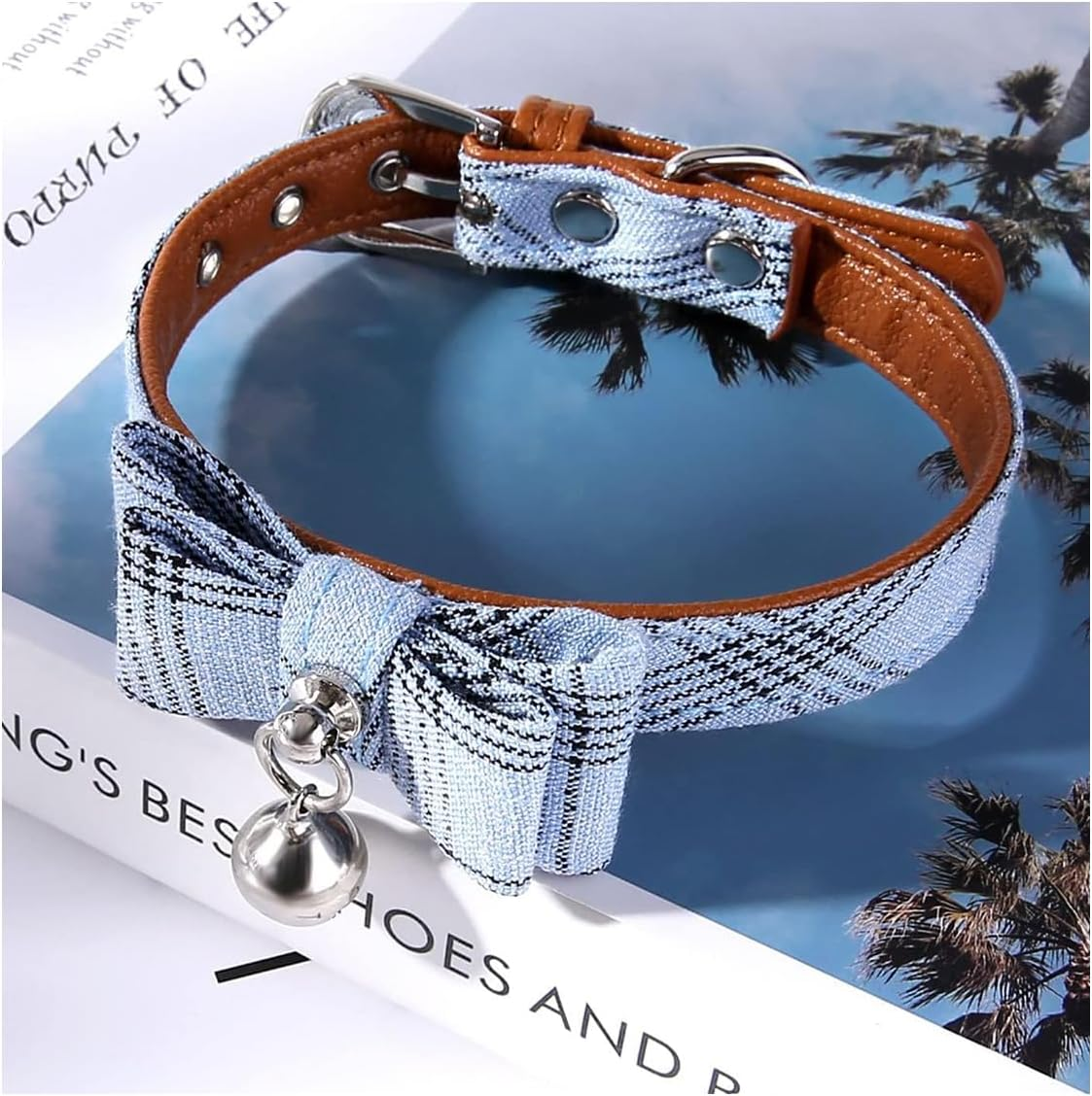 Cat Collar Breakaway Stylish Plaid Kitten Collar with Decorative Bow Tie and Bell for Pet (Neck 22-23Cm, Blue) image number 3