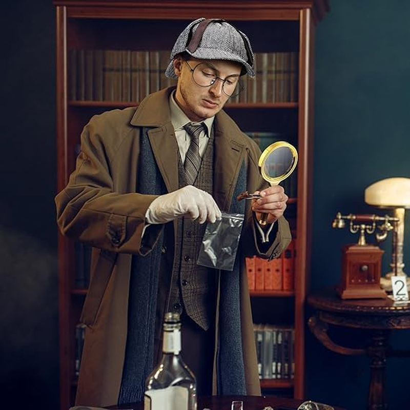 WOTOW Detective Costume Accessories Set - 6PCS Detective Costume Hat Detective Dress up Detective Prop Halloween Costume with Magnifying Glass Flat Glasses Bowtie Beards for Adults image number 3