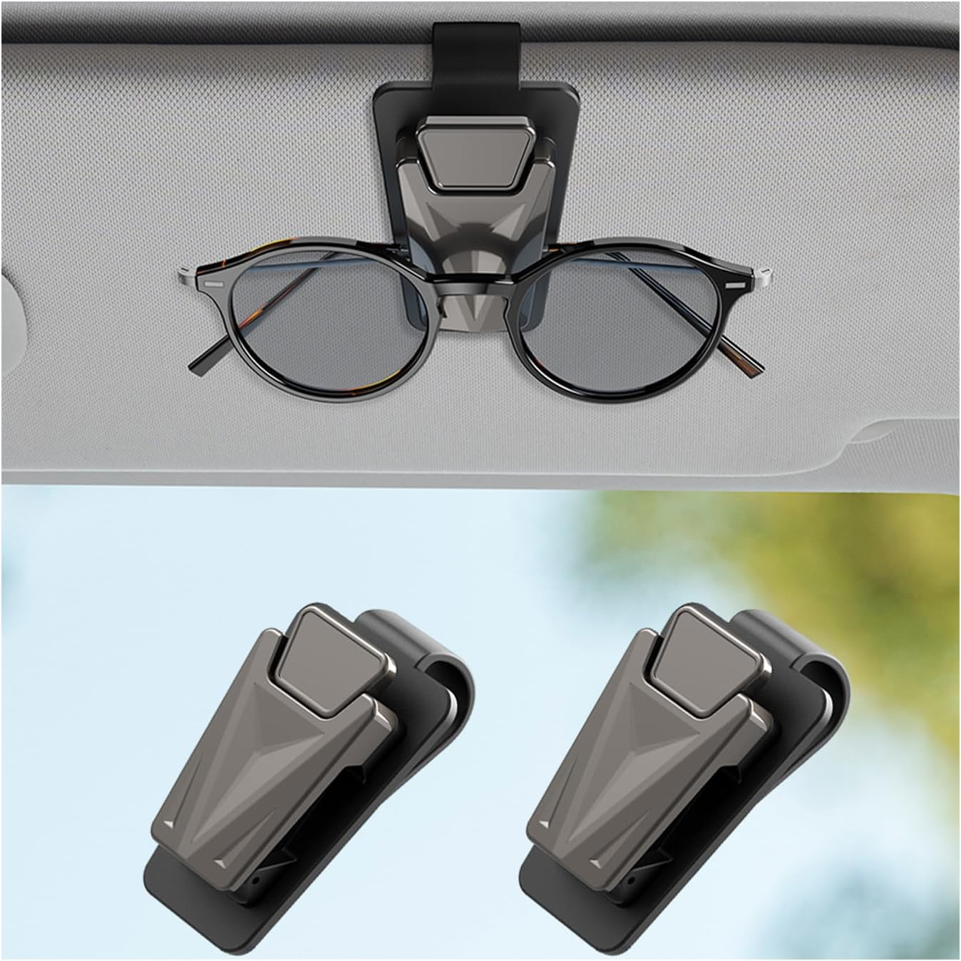 2 Pack Sunglasses Holders for Car Visor,Snap on Car Sunglasses Holders Clip,Car Visor Accessories for Most Glasses (Black Silver)
