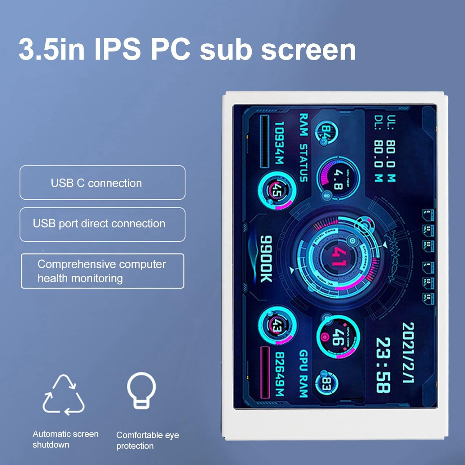 Mini Monitor, 3.5In Computer Secondary Screen CPU Temperature Monitor, PC Sensor Panel Display, IPS Full View Display Small Screen for AIDA64 PC CPU RAM Hard Disk Data Monitor image number 3