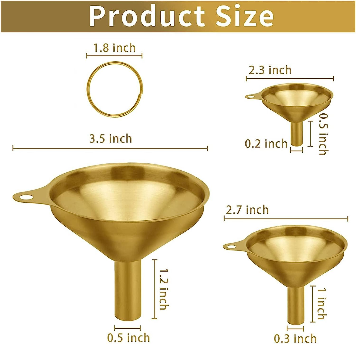 Stainless Steel Funnels, 3 Pack Gold Metal Kitchen Funnel Set, Food Grade Kitchen Gadgets Accessories, Mini Funnels for Filling Bottles, Liquid Transfer, Cooking, Car Oil, Lab Use