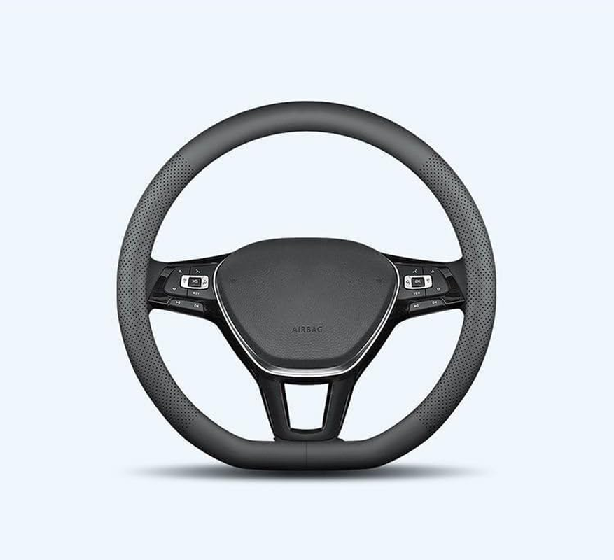 XHRING D-Shaped Car Steering Wheel Cover for Volkswagen VW Atlas Tiguan ID.4 Taos Passat Golf Jetta Beetle Polo GTI CC Touareg SE SEL R-Line S Cross Sport Accessories, 2025 Leather Black image number 2