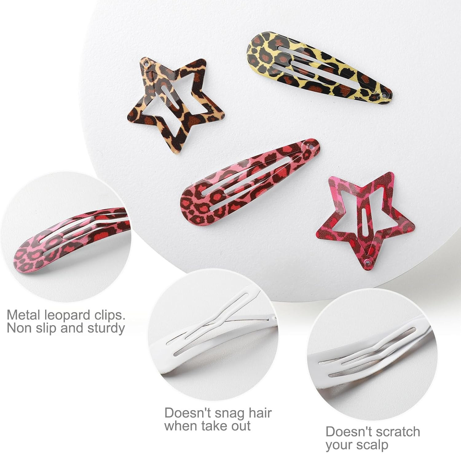 8 Pairs Metal Snap Hair Clips for Women - Star & Water Drop Barrettes, Non-Slip Y2K Hair Accessories for Thin or Thick Hair. Stylish Pink & Brown Leopard Accessories