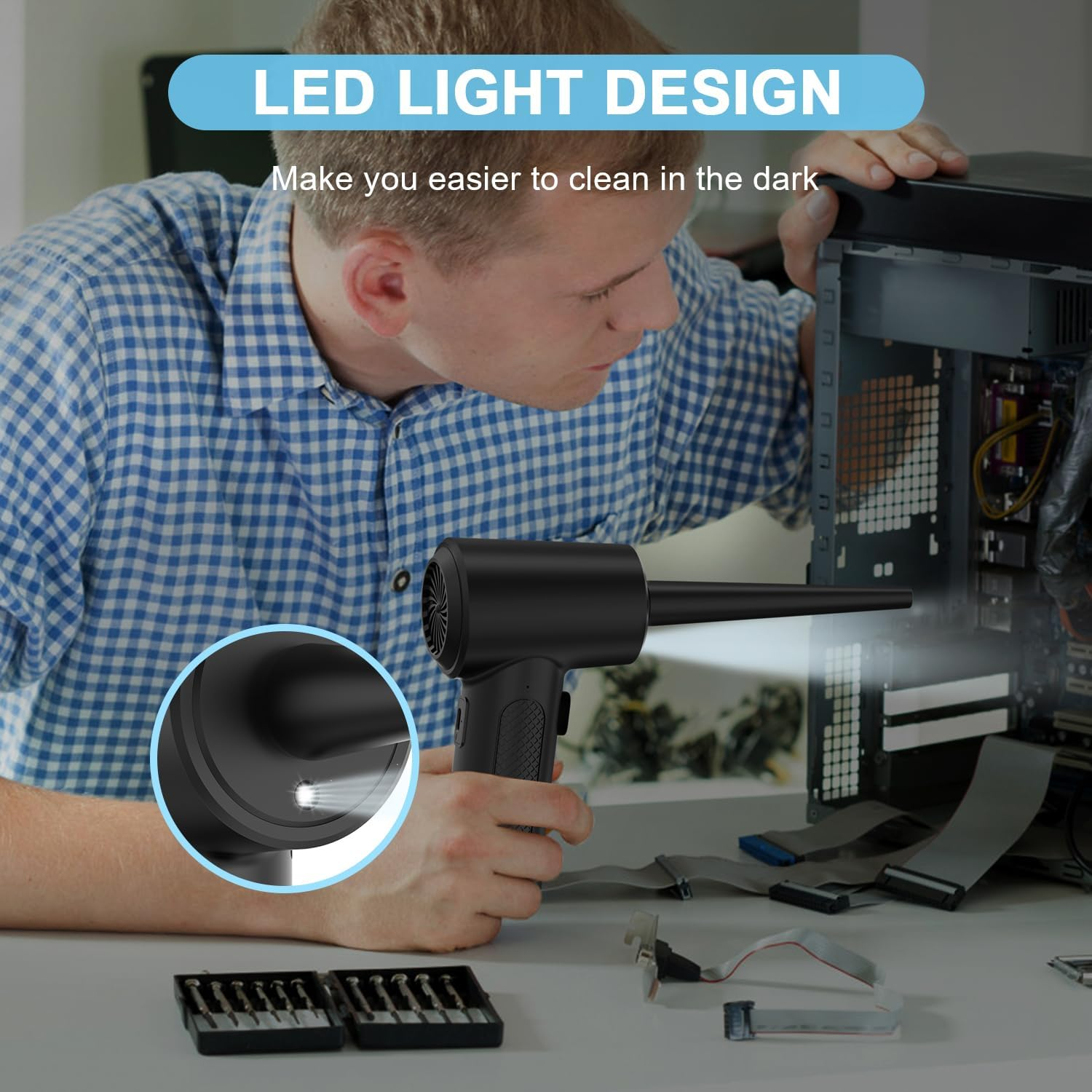 Compressed Air Duster Cleaner for PC, Electric Air Blower for PC Cleaning, 3-Speed Cordless 91000 RPM Rechargeable Reusable Compressed Air Cleaner for Laptop Computers Keyboard image number 2