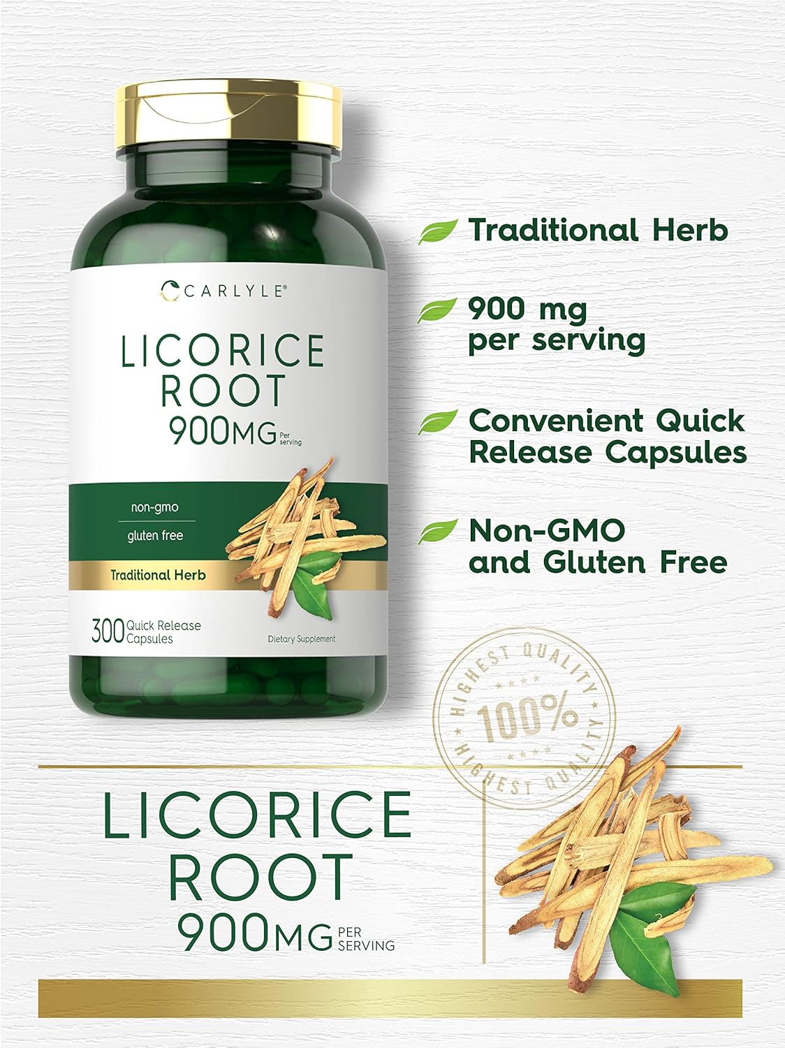 Carlyle Licorice Root Capsules 900 Mg | 300 Count | Root Extract Supplement | Non-Gmo, Gluten Free image number 4