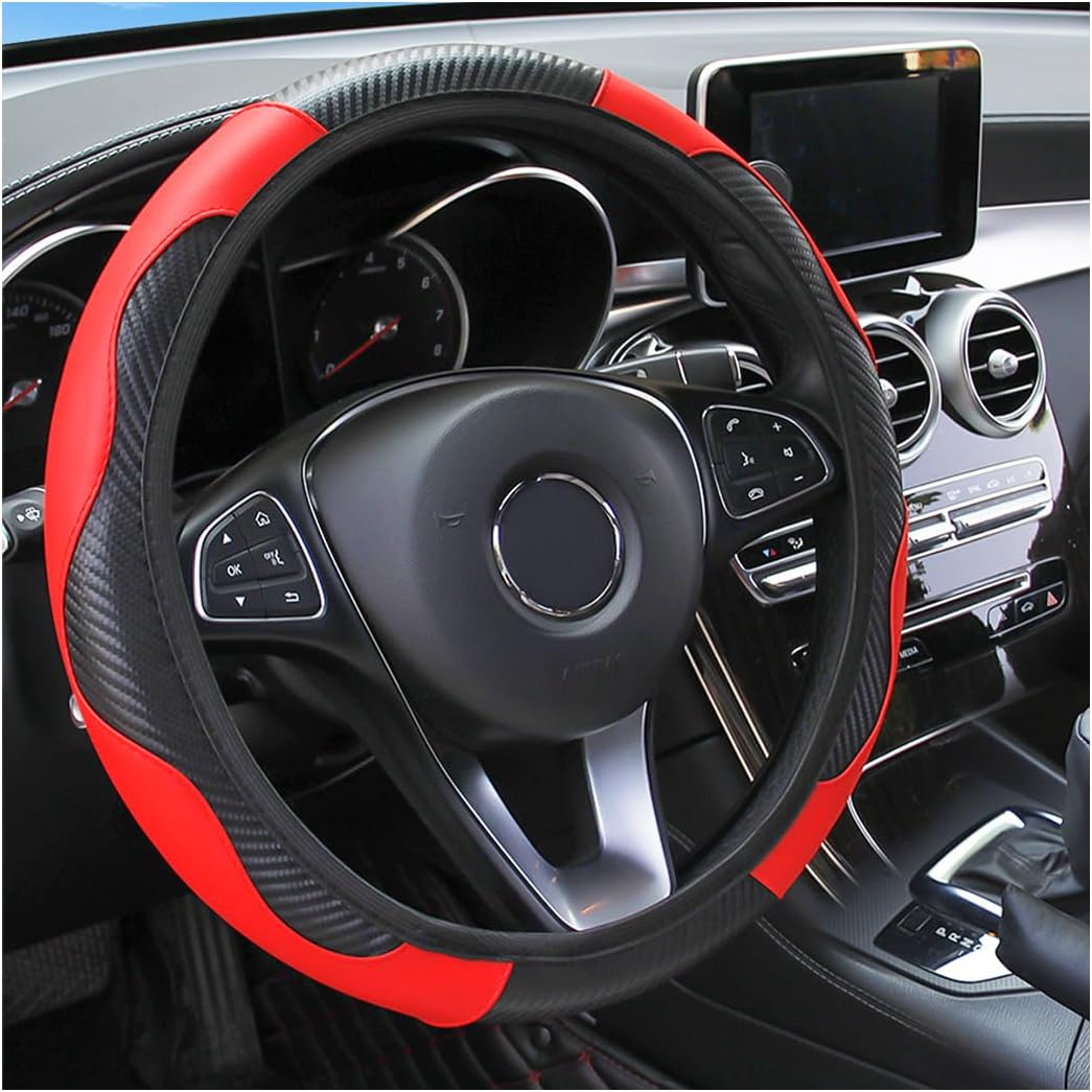 Car Steering Wheel Cover, 15 Inch Carbon Fiber Microfiber PU Leather Elastic Steering Wheel Protector for Men Women, Anti-Slip Breathable Car Interior Accessories for Most Cars (Red) - Blue image number 4