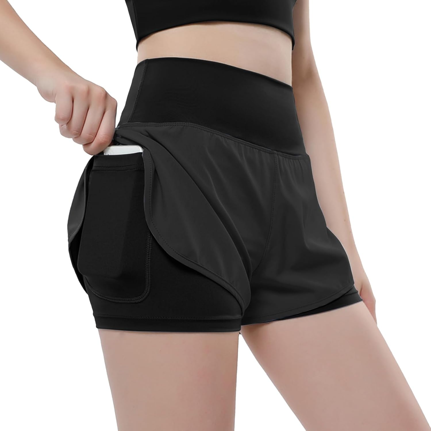 2-In-1 Sports Shorts for Women, Running Shorts Women Short with Pocket, Elastic Short Sports Pants for Women for Fitness, Jogging, Yoga