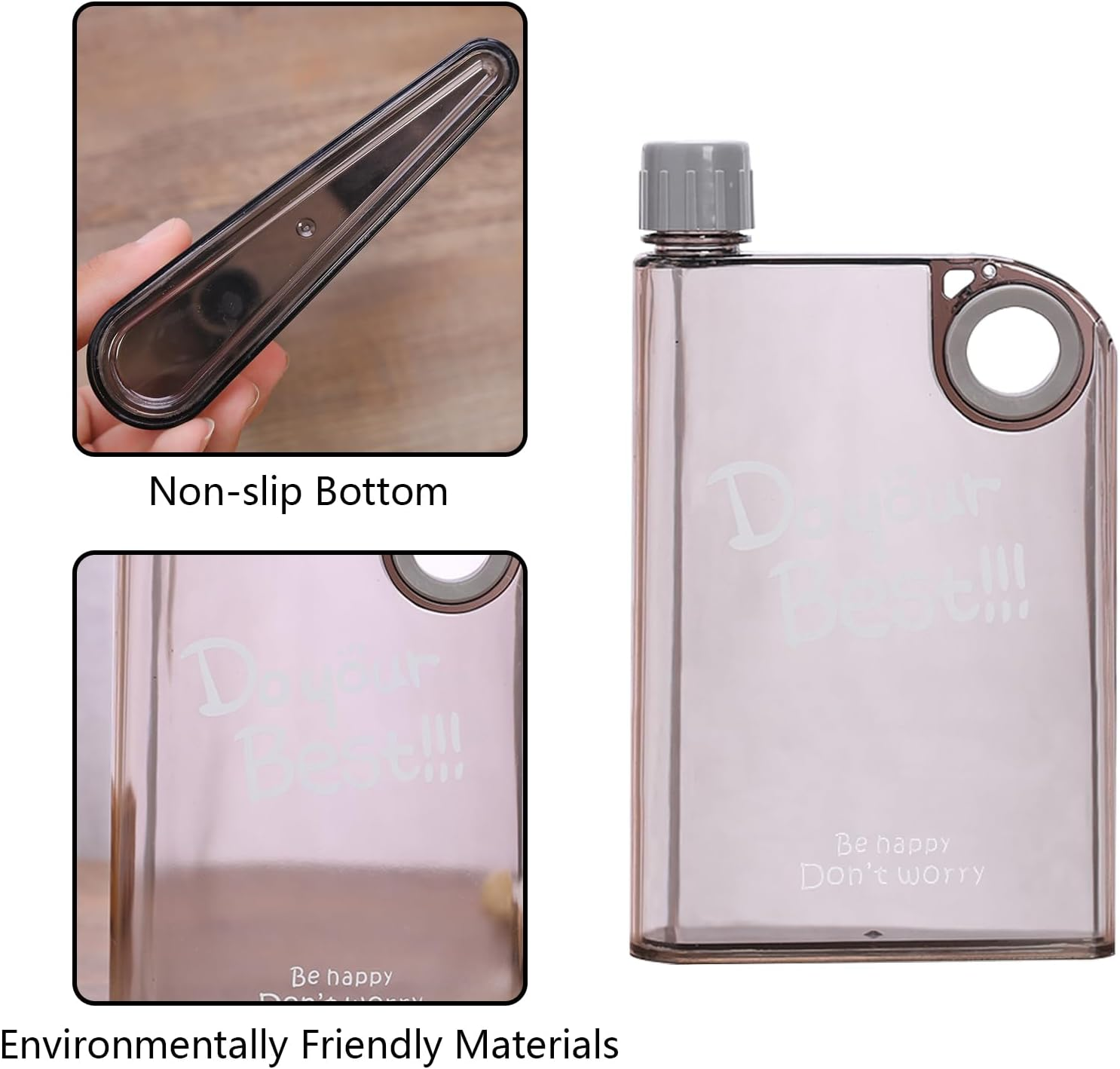 Water Bottle Flat Water Bottle, Reusable Clear Water Bottles Sports Water Bottles, Leak-Proof Plastic Water Bottles (Gray) image number 4