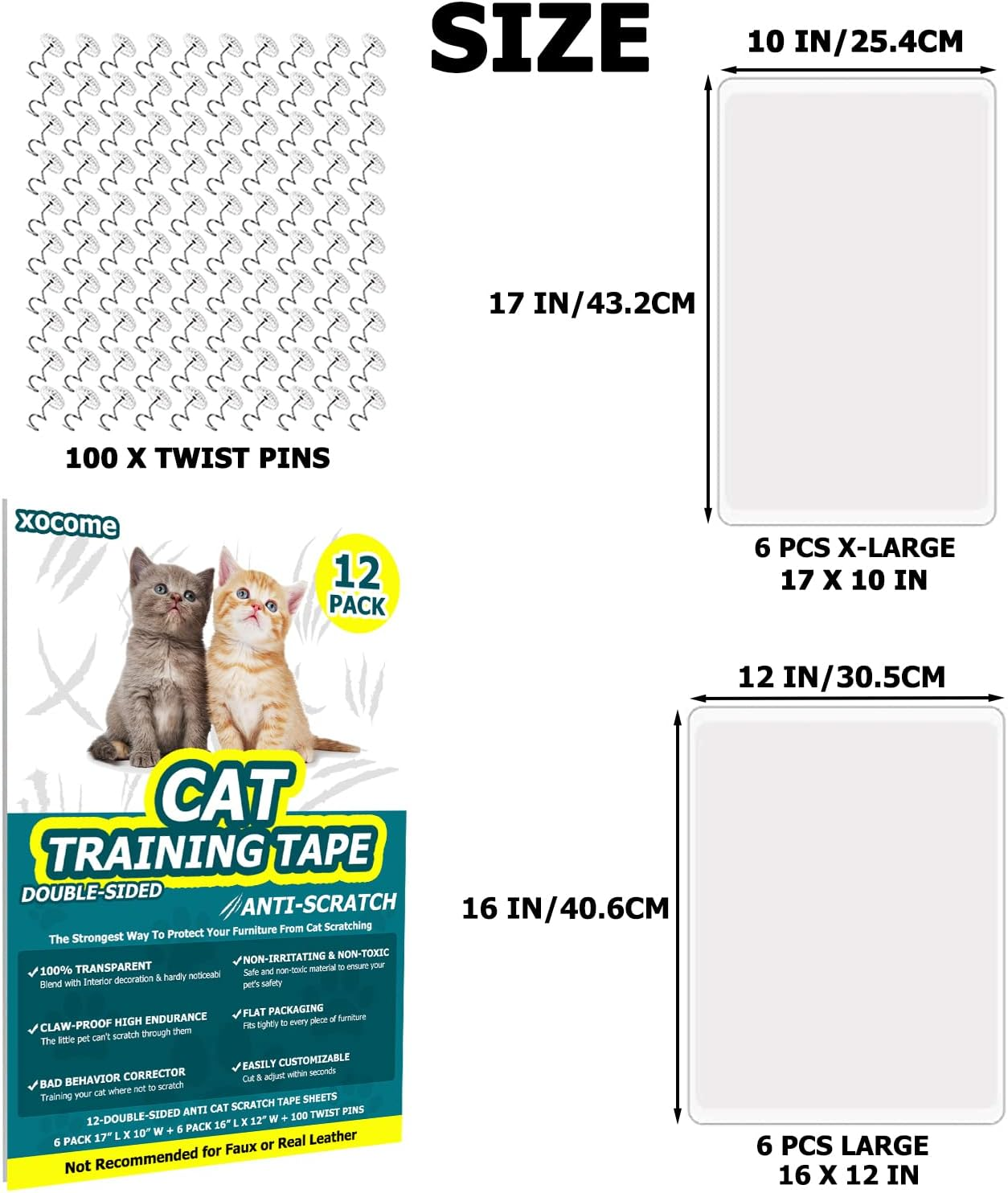 Cat Scratch Protection Training Tape, Pack of 12 Double-Sided Anti-Cat Scratch Tape for Sofa, 6 Pieces 17 Inches L X 10 Inches B Bands + 6 Pieces 16 Inches L X 12 Inches B Bands + 100 Adjusting Screws image number 4