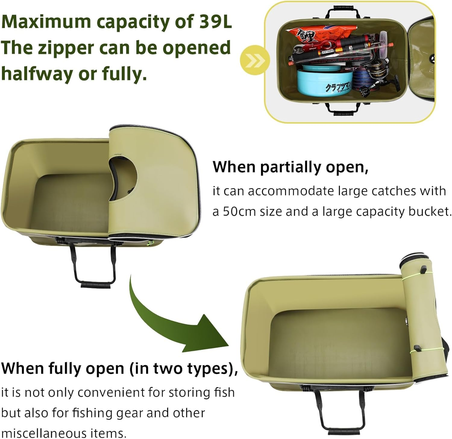 Fishing Bucket,Foldable Fish Bucket, Multi-Functional EVA Fishing Bag for Outdoor, Live Fish Lures Bucket and Fish Protection Bucket, Live Fish Container (50Cm/Armygreen) - Black image number 5