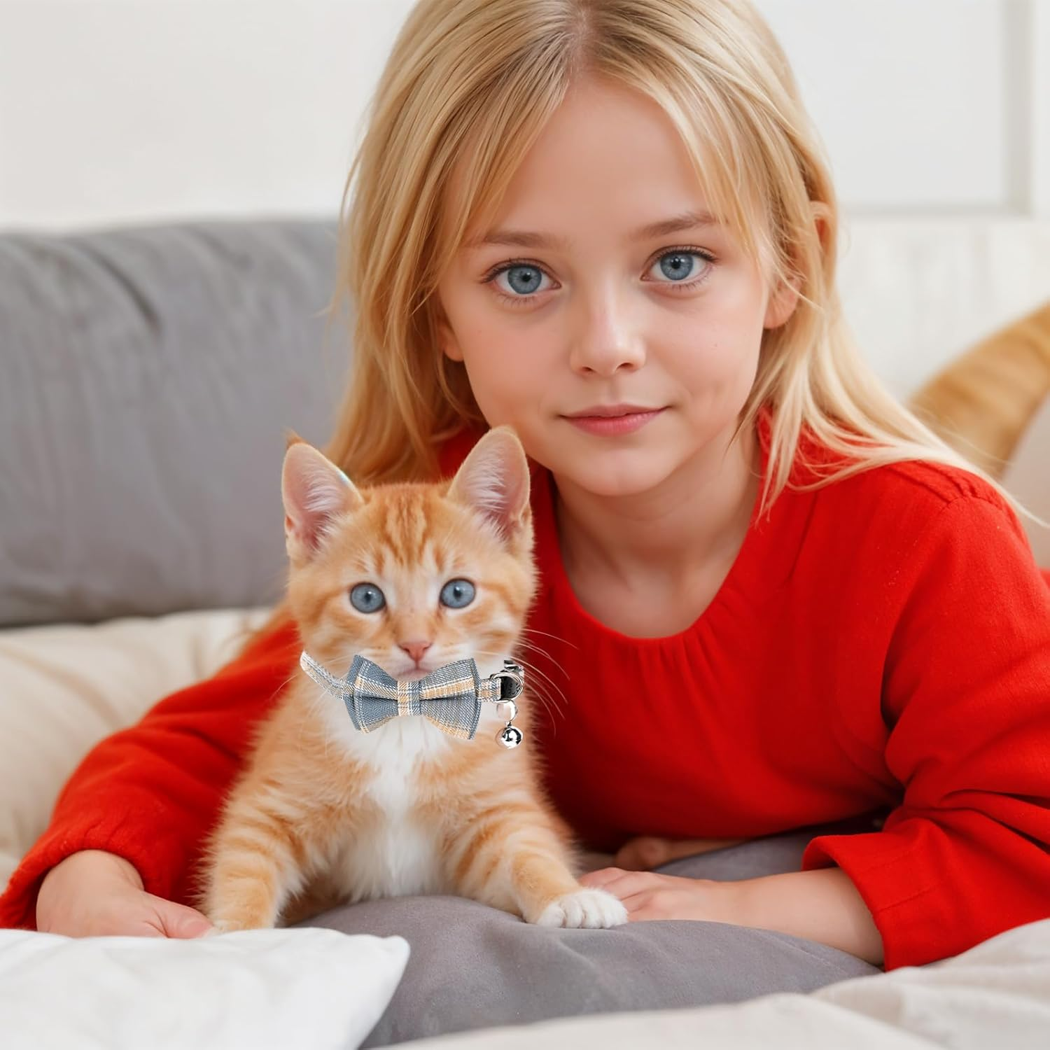 Pack of 2 Cat Collars with Bow Tie and Bell, Personalised Cat Collar, Removable Cat Collars, Adjustable Cute Collars, Quick Release Safety Collars for Cats Pets image number 5