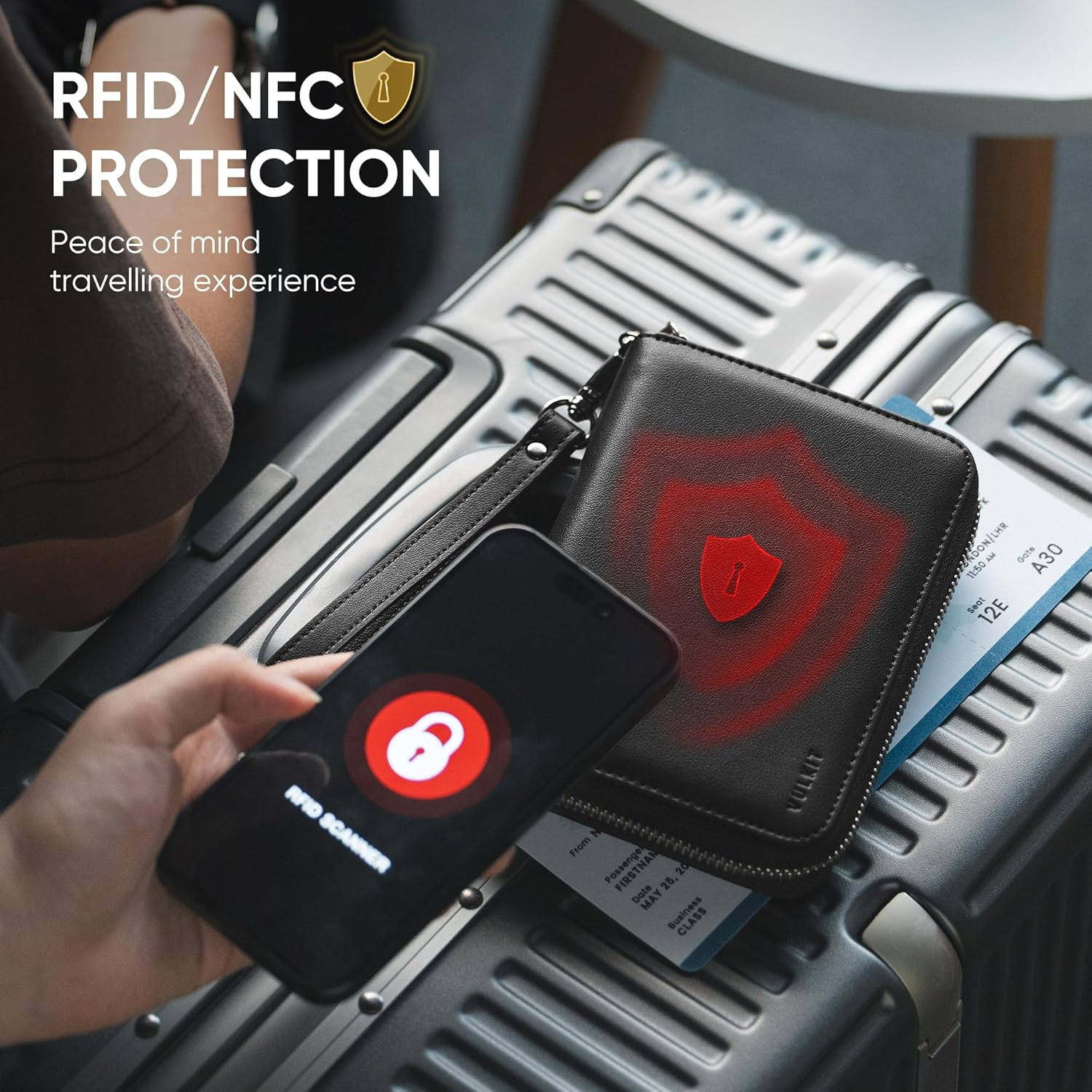 VULKIT Passport Holder for Travel with Airtag Slot, Premium Nappa Leather, RFID Blocking, Zipper Closure with Wrist Strap, Travel Document Organizer