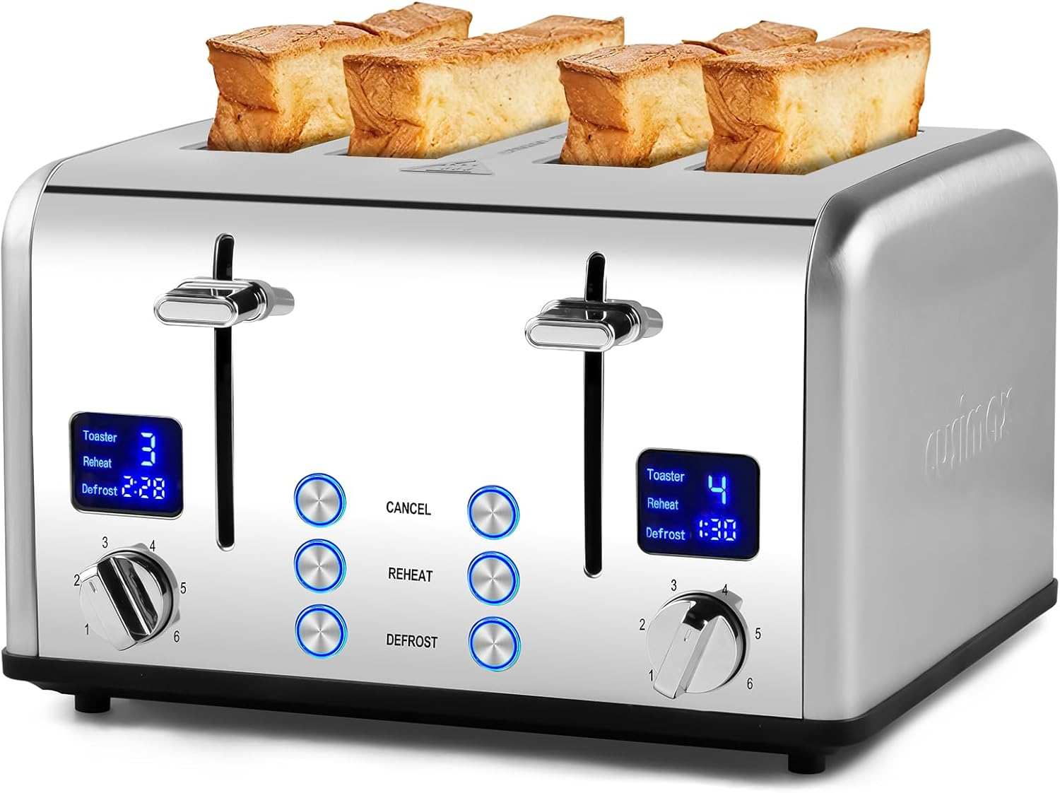 4 Slice Toaster, CUSIMAX Stainless Steel Toaster with Clear LED Display, Bread Toaster with Extra Wide Slots and 6 Browning Settings, Cancel/Reheat/Defrost Function, Removable Crumb Trays, Silver