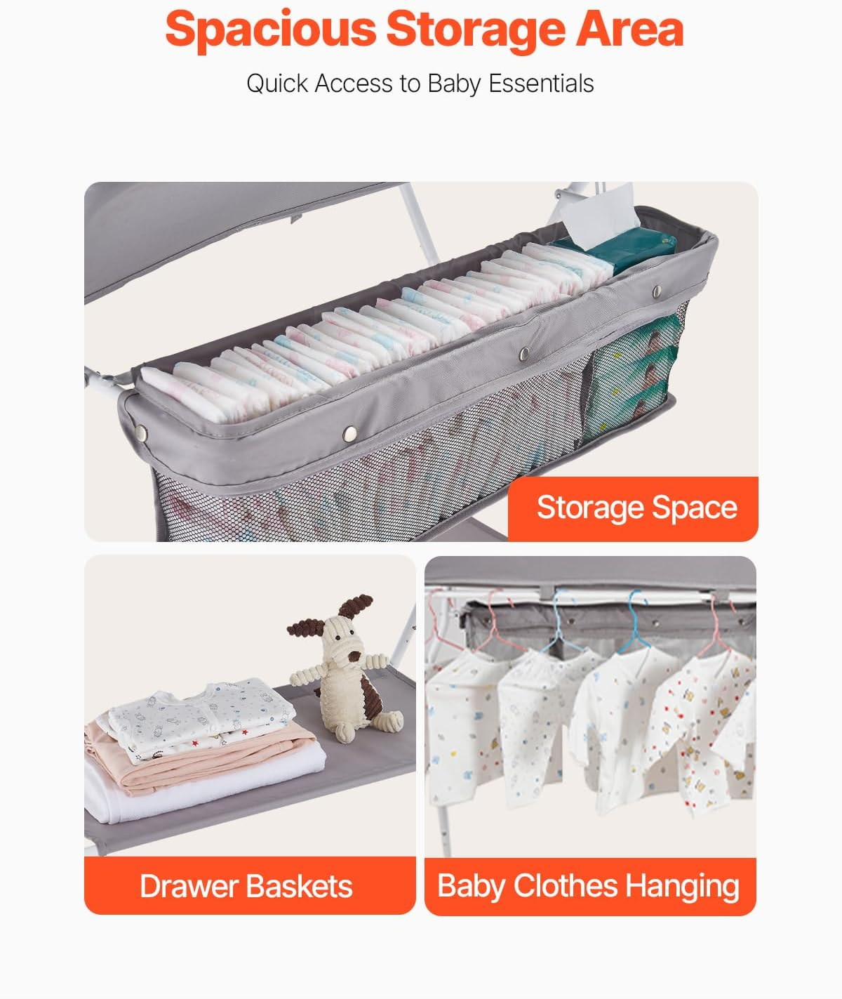 VEVOR Baby Changing Table, Foldable Diaper Change Station with Side Basket, Adjustable Height Portable Changing Table with Lockable Wheels, Multi-Functional Storage Organizer Nursery, Light Gray image number 3