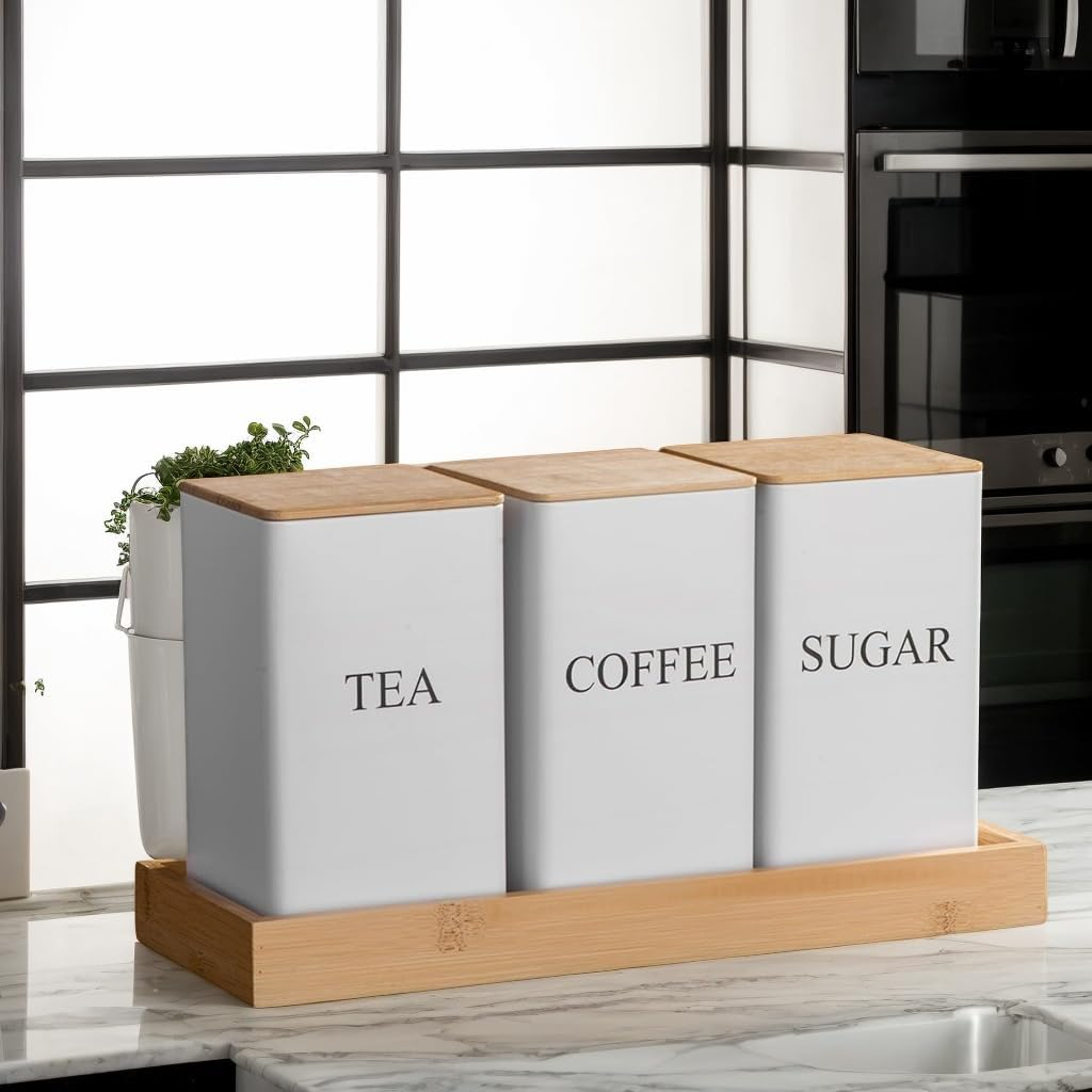Alerrawia 4 Pcs Tea Coffee Sugar Canister 1000 Ml Metal Coffee Tea Sugar Container with Airtight Bamboo Lid and Name Marker Food Storage Containers Jars for Coffee Sugar Tea White Container image number 2