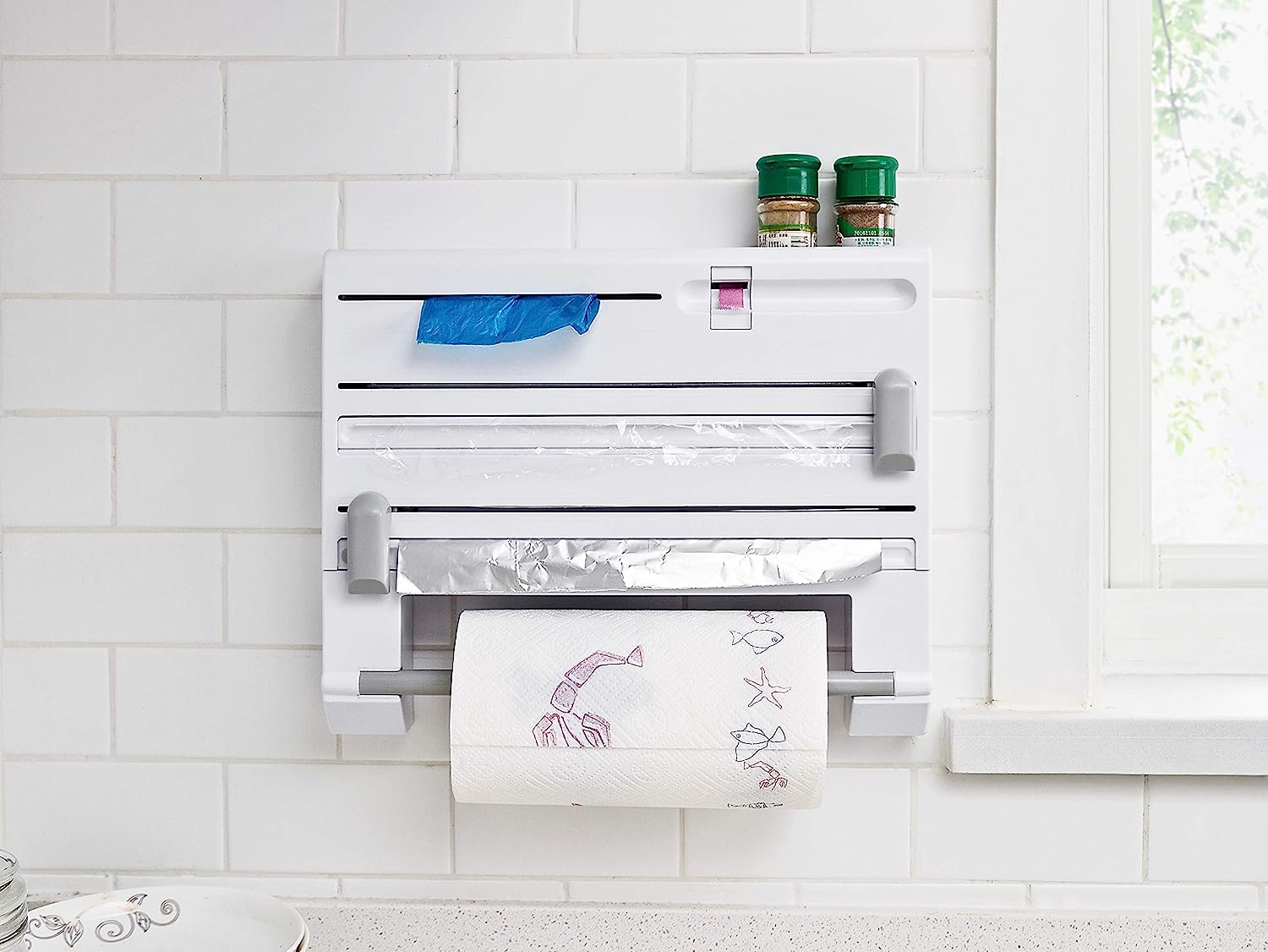 6 in 1 Kitchen Cling Film Foil Dispenser Paper Towel Holder Sause Bottle Storage (Grey) image number 6