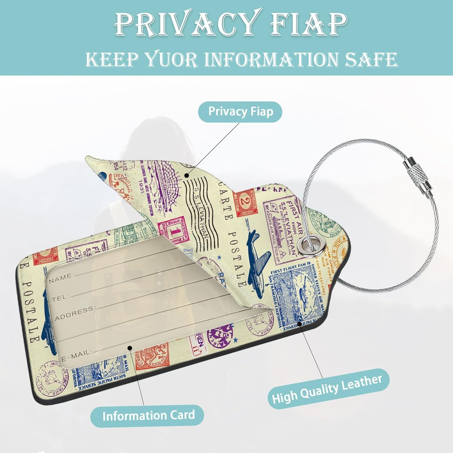 Travel Stamp Luggage Tags for Suitcase,2 Pack Retro Passport Carte Postale Luggage Tag Leather Privacy Cover ID Label with Stainless Steel Loop for Women Men Kids Girls image number 3
