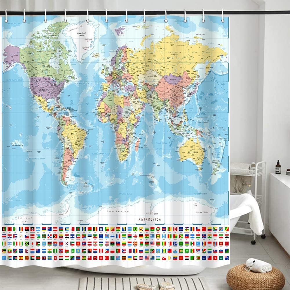 Itapnoom World Map Shower Curtain, Map of the World with National Educational Fabric Shower Curtains Set for Bathroom Boys Girls Kids Map Bath Decor with Hooks 72 X 72 Inch image number 2